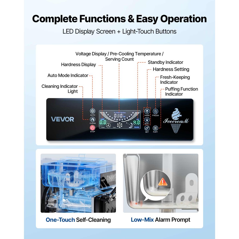 VEVOR Komercyjna maszyna do lodów miękkich 20-28 l/h, maszyna do lodów 2200 W, komercyjna maszyna do lodów z 3 smakami i 2 pojemnikami o pojemności 6 litrów, funkcją wstępnego chłodzenia i ostrzegania o niskim poziomie mieszanki