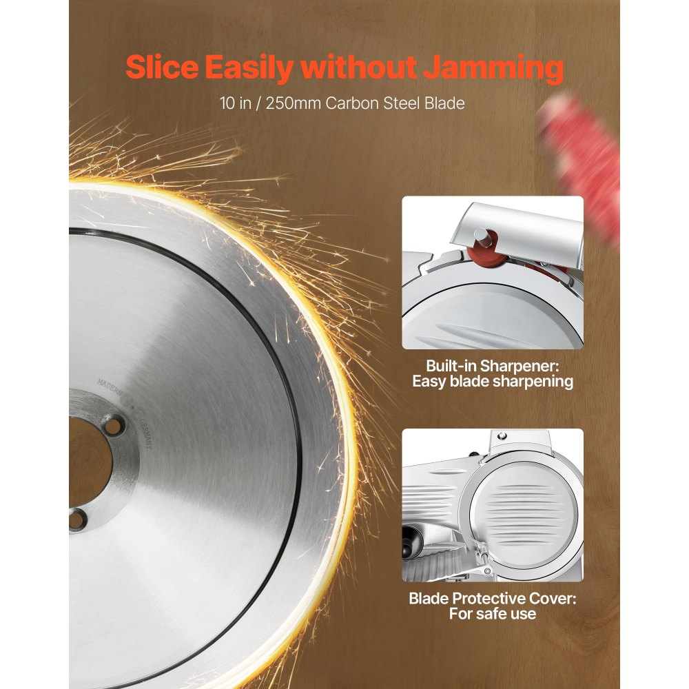 VEVOR Elektryczna krajalnica do mięsa z ostrzem 250 mm, 240 W Uniwersalna krajalnica do mięsa ze zintegrowaną ostrzałką i regulowaną grubością cięcia 0-12 mm, do mrożonego mięsa i szynki