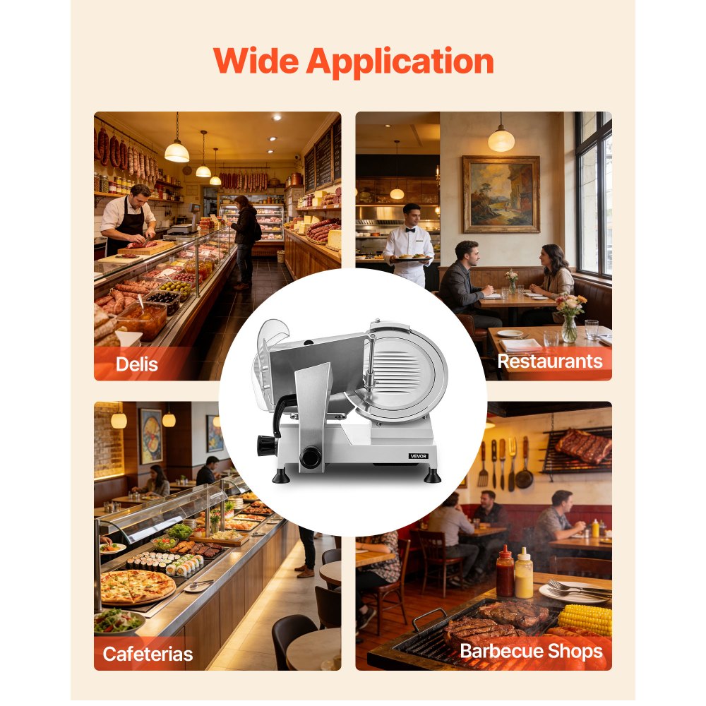 VEVOR Elektryczna krajalnica do mięsa z ostrzem 300 mm, moc 320 W Uniwersalna krajalnica do mięsa ze zintegrowaną ostrzałką i regulowaną grubością cięcia 0-15 mm, do mrożonego mięsa i szynki