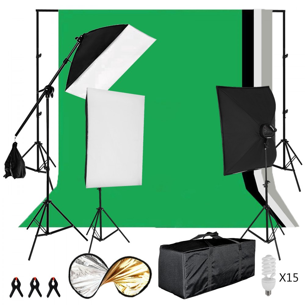 Zestaw oświetlenia studyjnego VEVOR z wspornikiem dolnym 1,6 x 3 m z białym, czarnym zielonym tłem i zestawem parasoli Softbox 4 x 45 W do studia fotograficznego, profesjonalne zestawy oświetlenia studyjnego Softbox E 27 Podstawa lampy