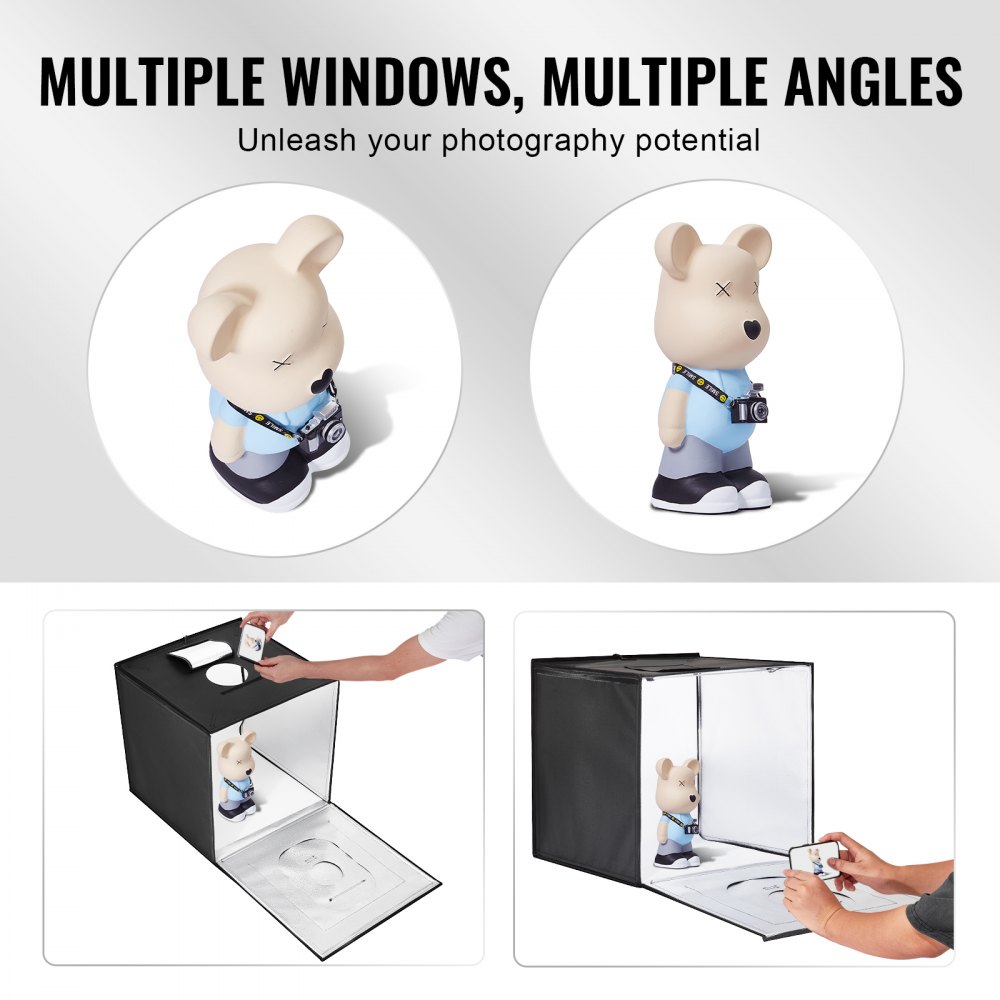 VEVOR Photo Studio Light Box, 60 x 60 cm, 3000–5600 K, 3 regulowane temperatury barwowe, zestaw namiotowy ze 160 diodami LED, 6 tłami, zasilaczem, miękką tkaniną oświetlającą, wysoki współczynnik CRI ≥ 95, do fotografii produktowej