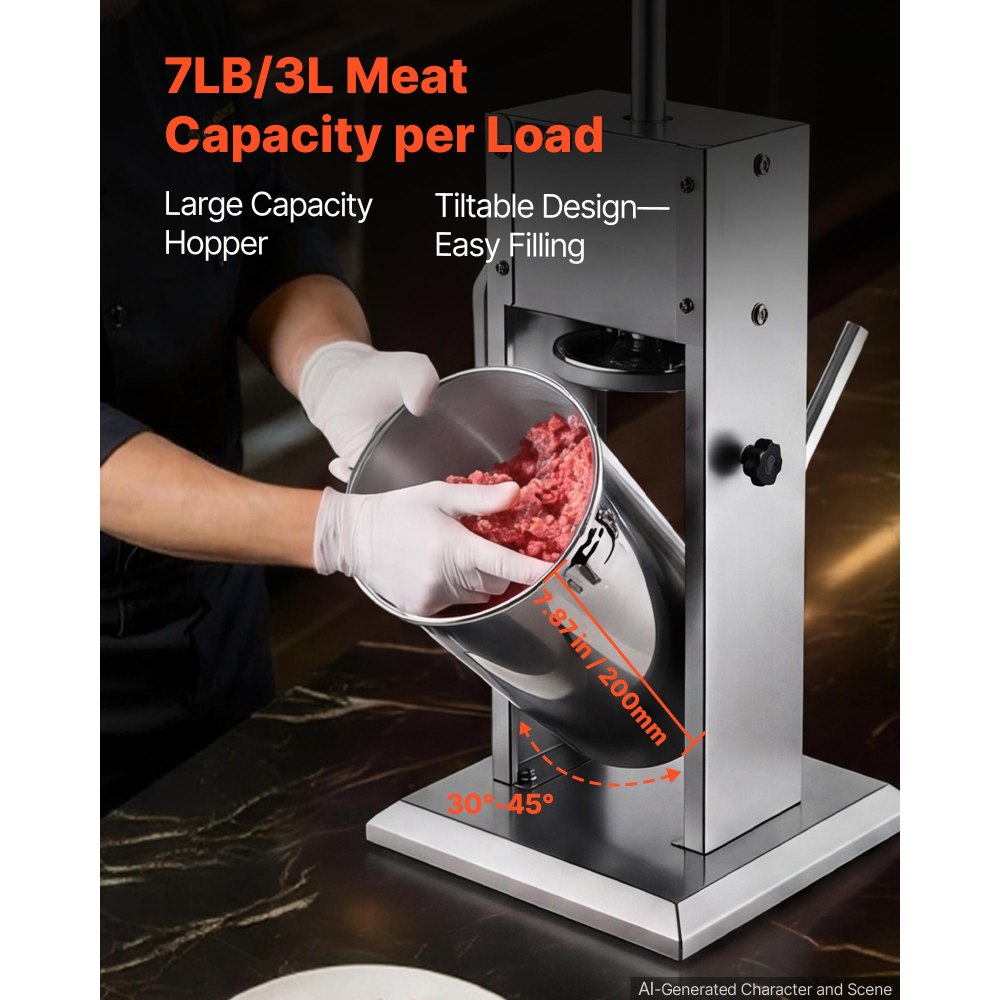 VEVOR Ręczna nadziewarka do kiełbas 7 funtów / 3 l Pionowa nadziewarka do kiełbas ze stali nierdzewnej idealna do domu, na kemping, do grillowania, na barbecue i do karmy dla zwierząt, z 4 rurkami do napełniania, 2 prędkościami i częściami nadającymi się do mycia w zmywarce