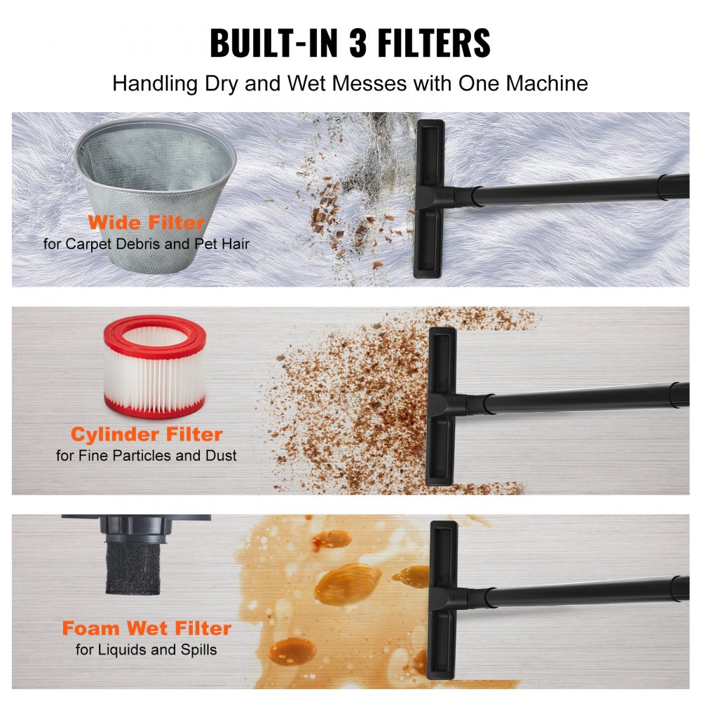 Odkurzacz VEVOR na mokro i sucho, 18 l, moc szczytowa 6 KM, wydajne ssanie i dmuchawa z dyszą, kółka, przenośny odkurzacz warsztatowy z akcesoriami, lekki odkurzacz warsztatowy, idealny do dywanów, brudu, sierści zwierząt, pomarańczowy