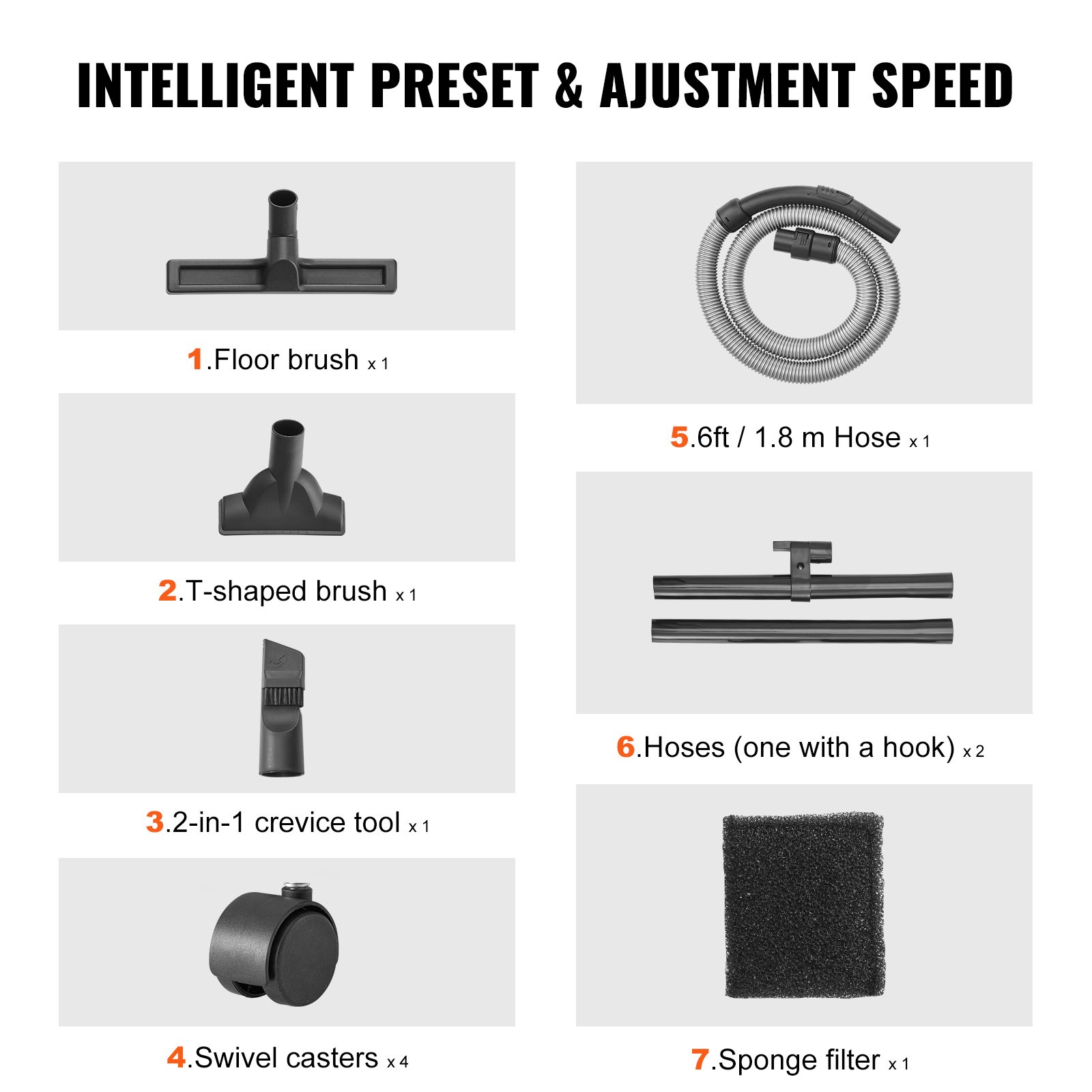 Odkurzacz VEVOR na mokro i sucho, 20 l, 6 KM, ze stali nierdzewnej, z wydajną siłą ssania i dmuchawy, dyszą, kółkami, przenośny odkurzacz warsztatowy z nasadkami, do dywanów, brudu, sierści zwierząt, srebrny + czarny