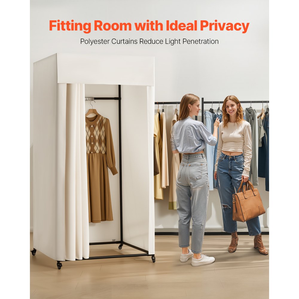 VEVOR Przymierzalnia rolowana z grubymi zasłonami, ekran prywatności z solidnym metalowym haczykiem, do butików, centrów handlowych i zakładów krawieckich, 99 x 99 x 204,5 cm (czarno-beżowy)