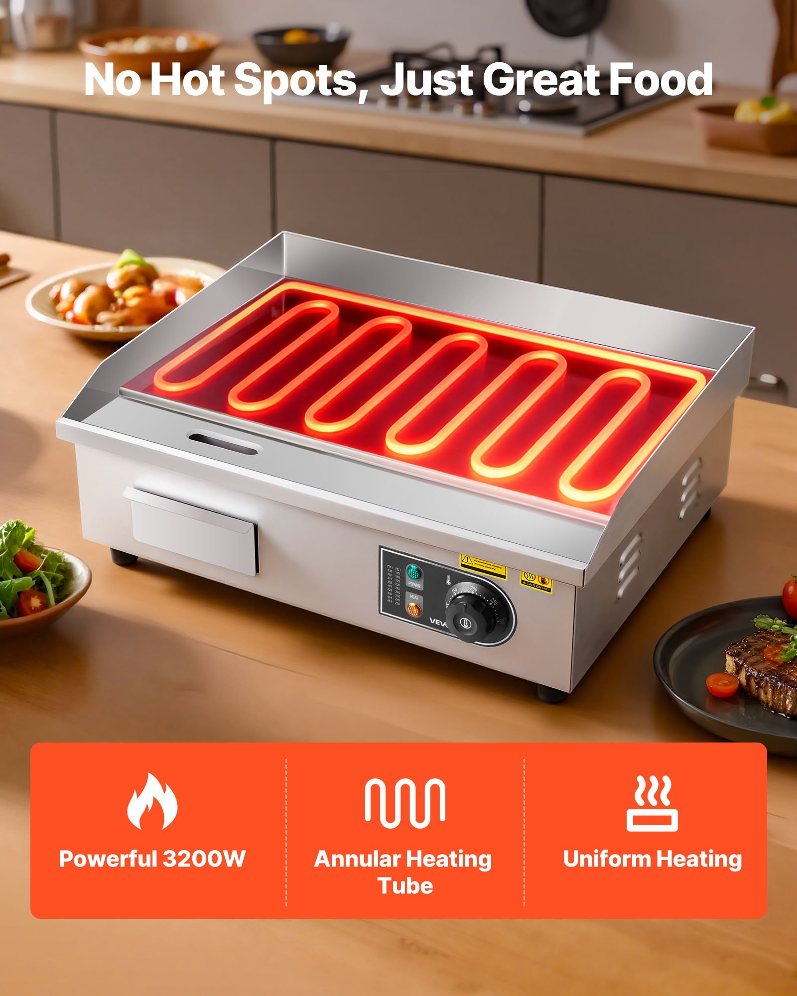 VEVOR Grill elektryczny, komercyjna płyta grillowa (535 x 300 mm) o mocy 3200 W z regulacją temperatury 50–300 °C, płyta grillowa z 2 szpatułkami, 2 szczotkami i 4 stopkami do steków