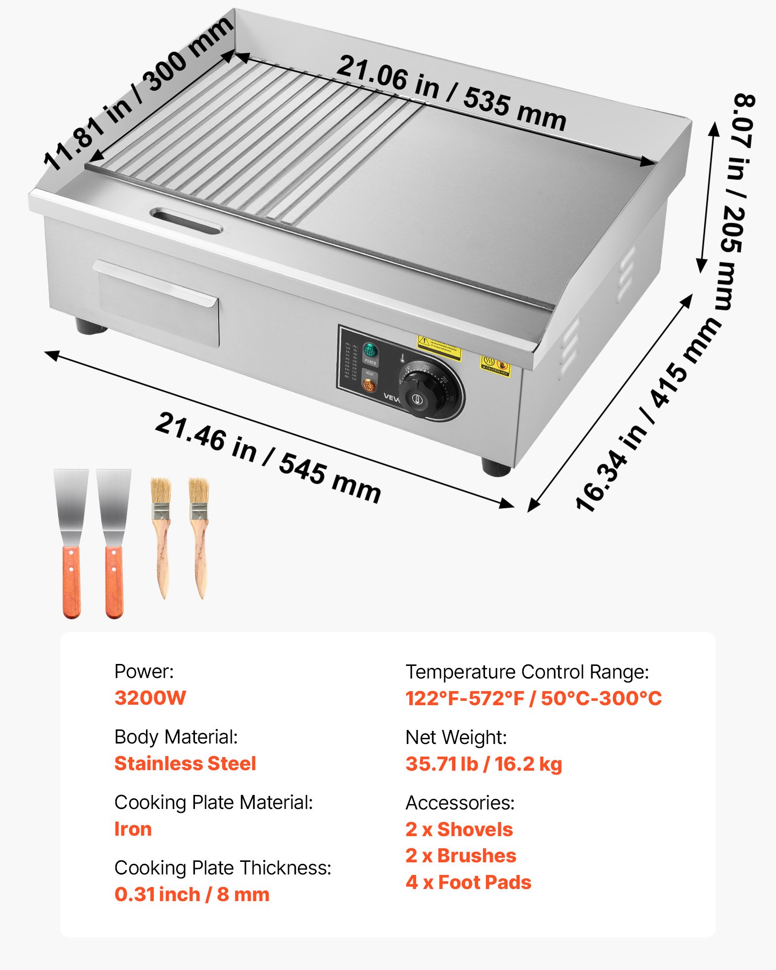 VEVOR Komercyjna elektryczna patelnia grillowa 3200 W, płyta do grillowania stołowego 535 x 300 mm, grill elektryczny, połowa żebrowana, połowa gładka, z 2 szpatułkami, 2 szczotkami i stopkami, do steków i naleśników
