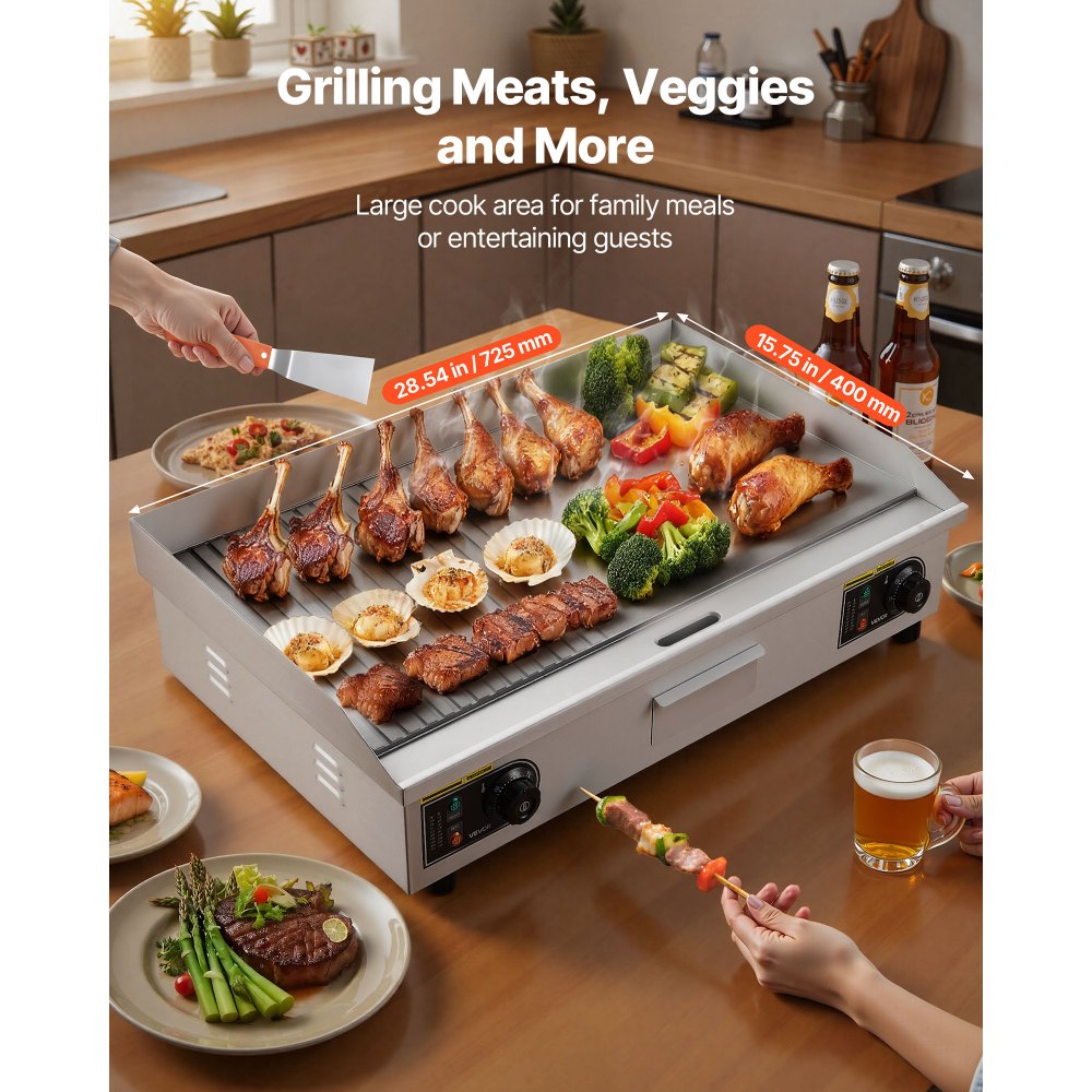 VEVOR Grill elektryczny komercyjny 4400 W, płyta grillowa stołowa 725 x 400 mm, powierzchnia grillowania 50–300 °C, grill elektryczny, połowa żebrowana, połowa gładka, z 2 szpatułkami i 2 szczotkami, do steków i naleśników