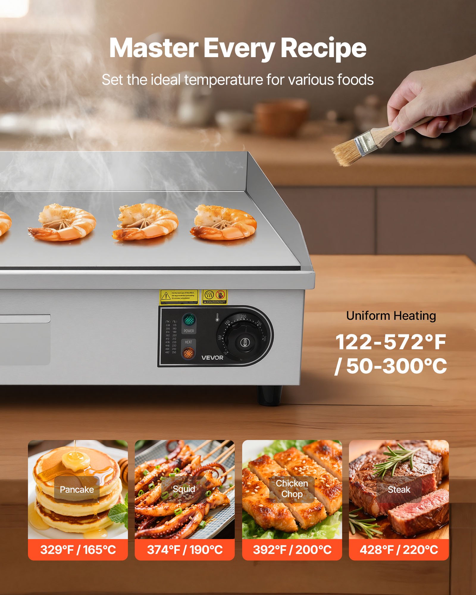 VEVOR Grill elektryczny komercyjny 4400 W, płyta grillowa stołowa 725 x 400 mm, powierzchnia grillowania 50–300 °C, grill elektryczny, połowa żebrowana, połowa gładka, z 2 szpatułkami i 2 szczotkami, do steków i naleśników