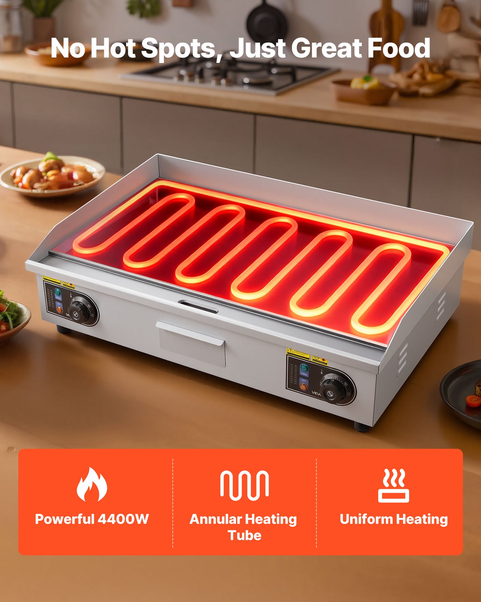 VEVOR Commercial Electric Griddle, 725 x 400 mm, 4400W, 50-300°C Adjustable Temp Control, Stainless Steel Countertop Full Flat Top Grill with 2 Spatulas and 2 Brushes, for Steak, and Pancake(NO PLUG)