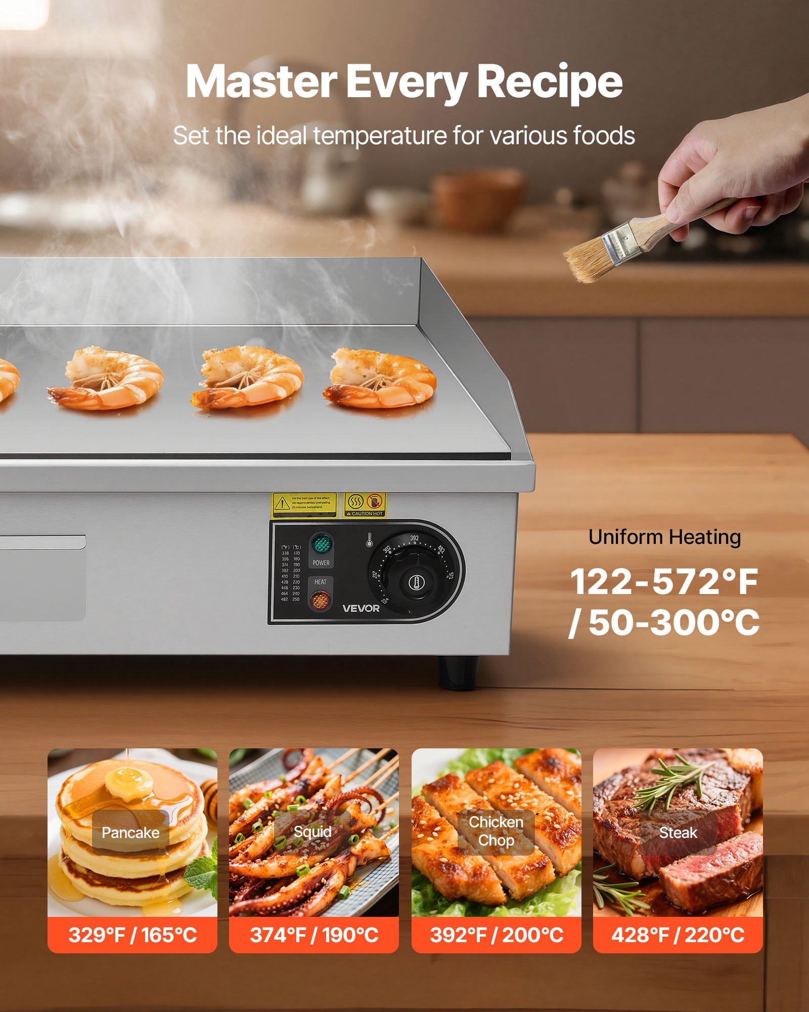 VEVOR Komercyjny elektryczny grill grillowy 4400 W, płyta do grillowania stołowego 725 x 400 mm, temperatura grillowania 50–300 °C, elektryczny grill z 2 szpatułkami, 2 szczotkami i 4 stopkami, do steków, naleśników, pizzy i burgerów