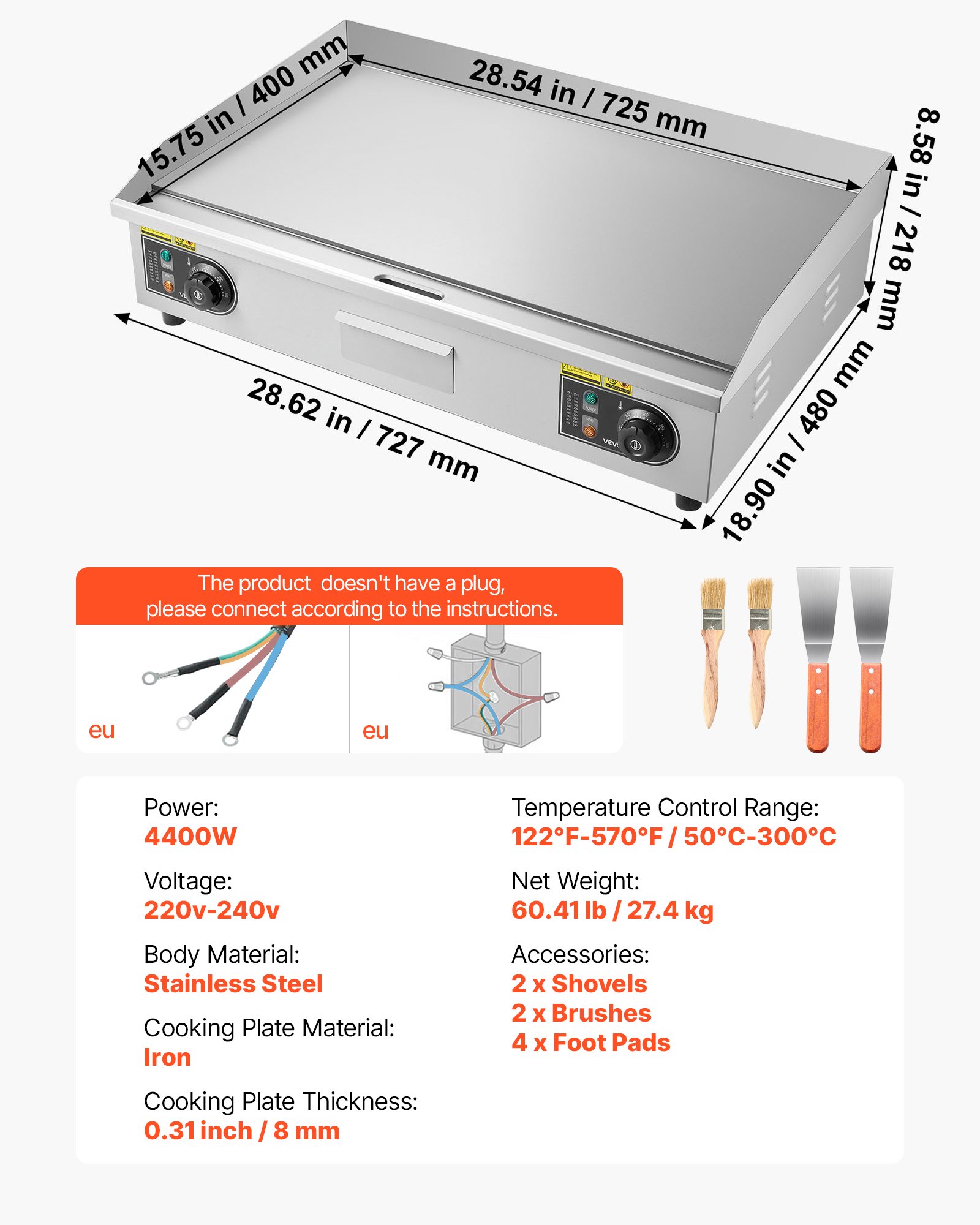 VEVOR Komercyjny elektryczny grill grillowy 4400 W, płyta do grillowania stołowego 725 x 400 mm, temperatura grillowania 50–300 °C, elektryczny grill z 2 szpatułkami, 2 szczotkami i 4 stopkami, do steków, naleśników, pizzy i burgerów