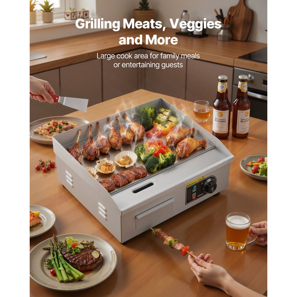 VEVOR Komercyjna elektryczna patelnia grillowa 45 x 30 cm, płyta grillowa elektryczna o mocy 2800 W, płyta grillowa stołowa 50–300 °C z 2 szpatułkami, 2 szczotkami i 4 stopkami, płyta grillowa do steków i naleśników
