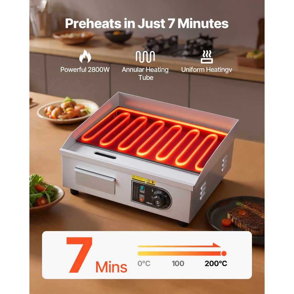 VEVOR Komercyjna elektryczna patelnia grillowa 45 x 30 cm, płyta grillowa elektryczna o mocy 2800 W, płyta grillowa stołowa 50–300 °C z 2 szpatułkami, 2 szczotkami i 4 stopkami, płyta grillowa do steków i naleśników