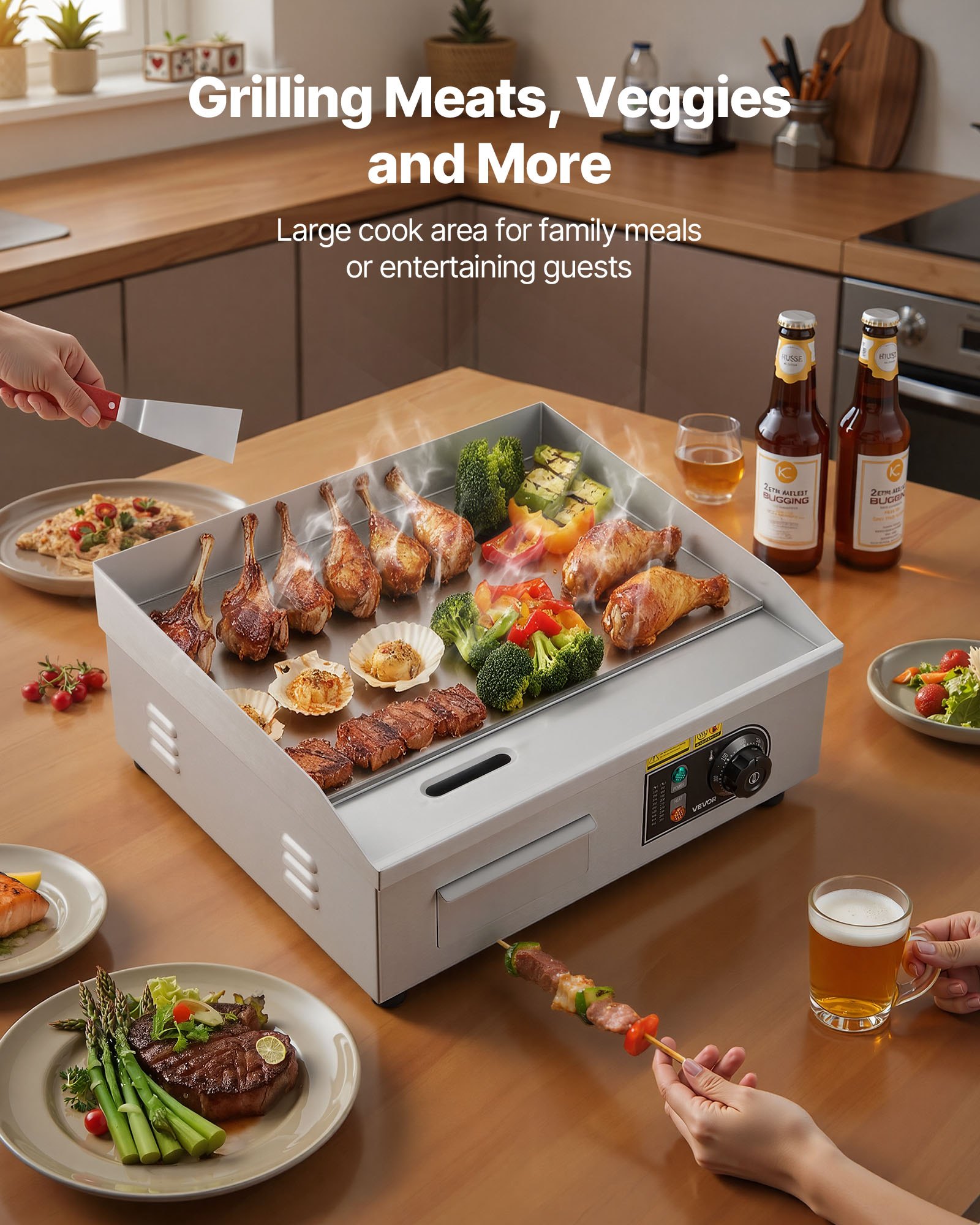 VEVOR Komercyjna elektryczna płyta grillowa 45 x 30 cm, elektryczny grill z płytą grillową o mocy 2800 W, płyta grillowa stołowa 50–300 °C z 2 szpatułkami, 2 szczotkami i 4 stopkami, płyta grillowa do steków i naleśników