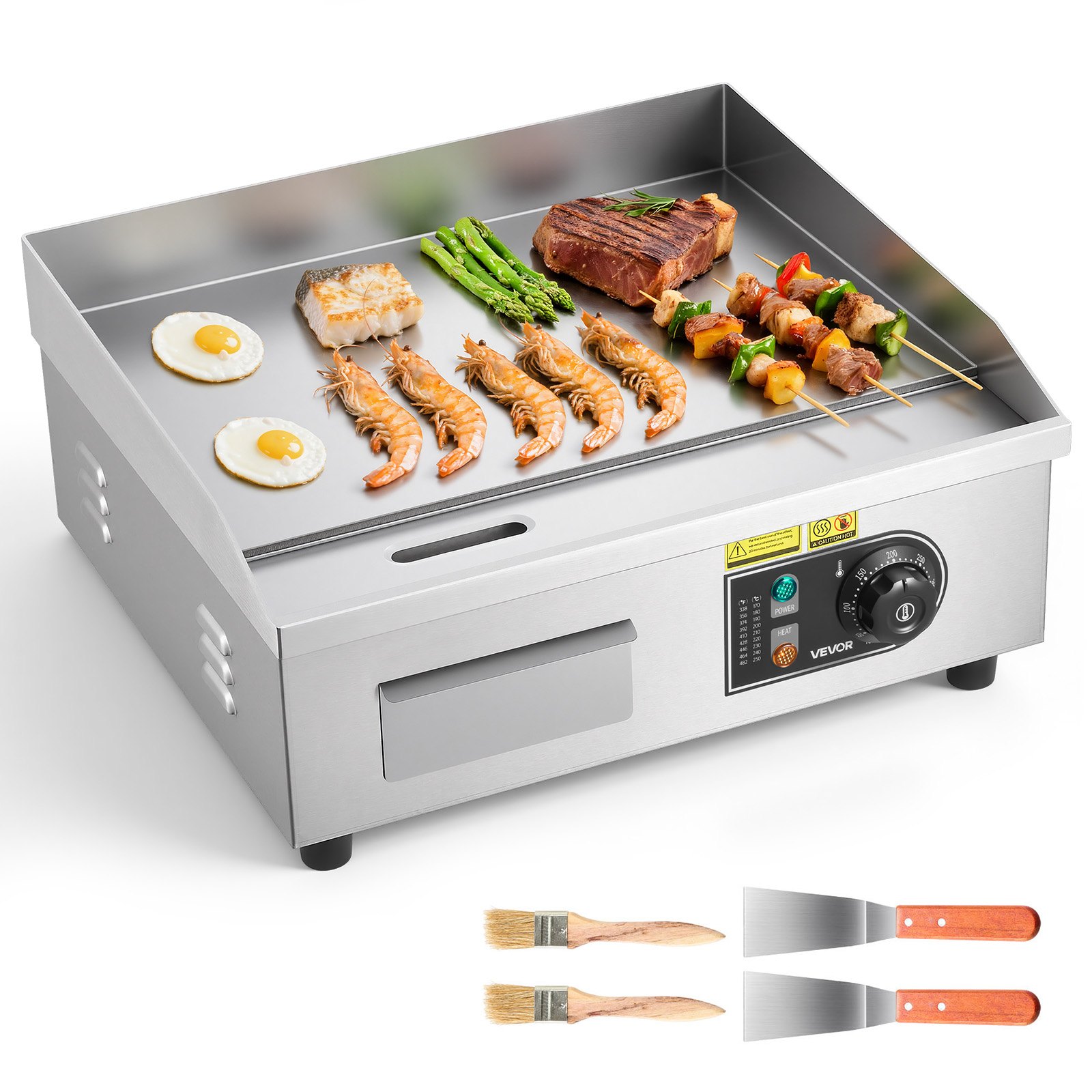 VEVOR Komercyjna elektryczna patelnia grillowa 45 x 30 cm, płyta grillowa elektryczna o mocy 2800 W, płyta grillowa stołowa 50–300 °C z 2 szpatułkami, 2 szczotkami i 4 stopkami, płyta grillowa do steków i naleśników