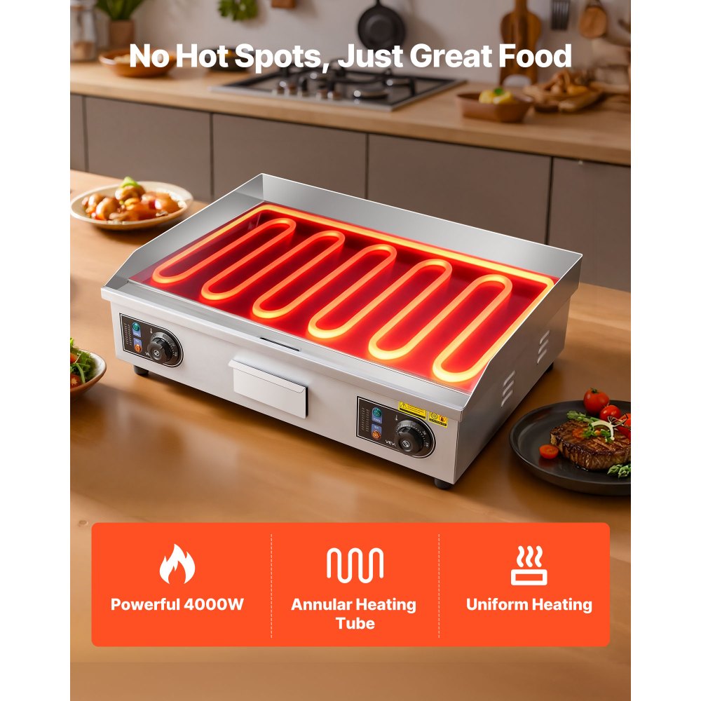 VEVOR Elektryczna płyta grillowa 4000 W 655 x 400 mm Powierzchnia grillowania 50-300 °C Płyta grillowa Gastro ze stali nierdzewnej (obudowa) Płyta grillowa stołowa z 2 szpatułkami, 2 szczotkami i 4 stopkami do steków BBQ, wtyczka nie jest dołączona