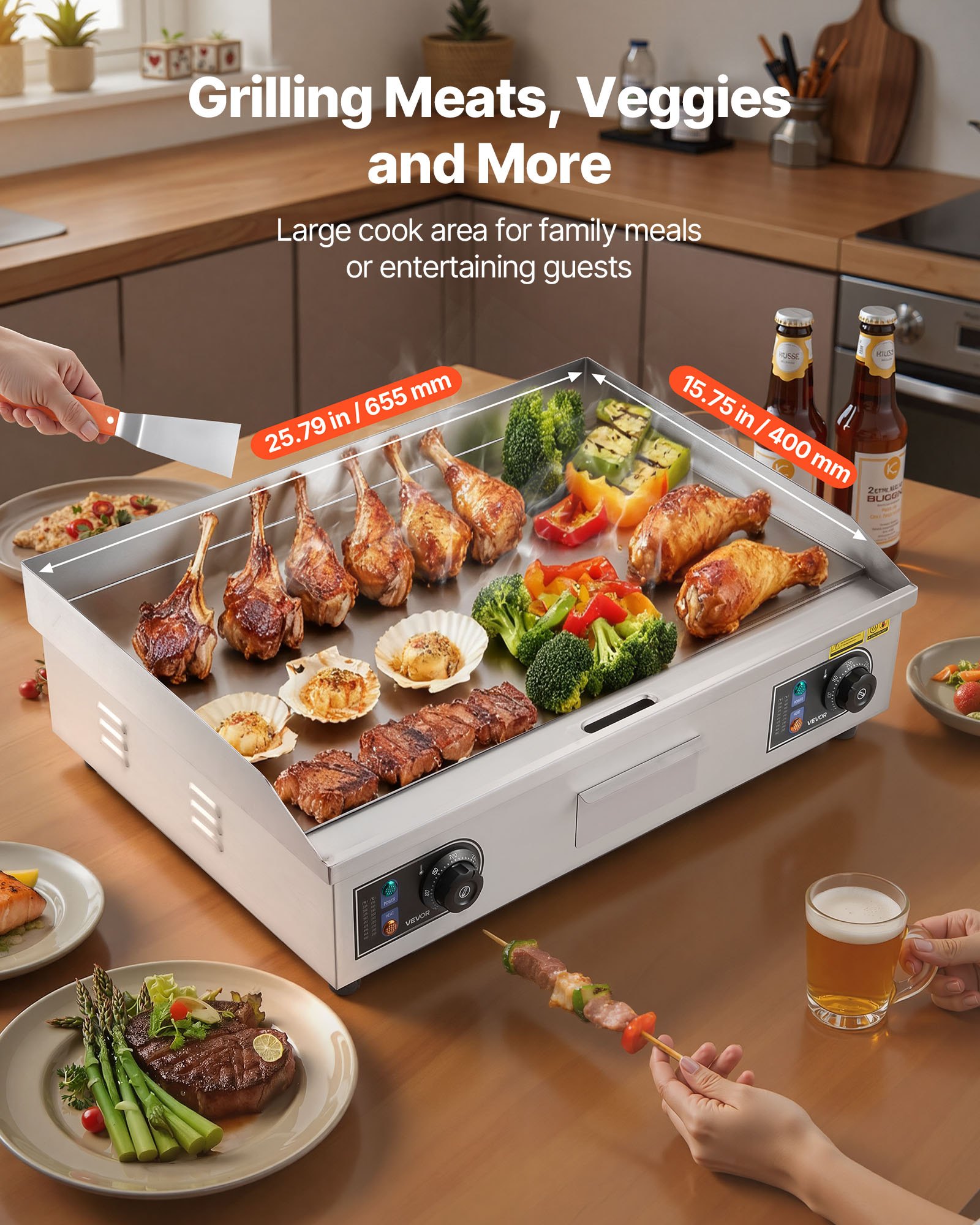 VEVOR Elektryczna płyta grillowa 4000 W 655 x 400 mm Powierzchnia grillowania 50-300 °C Płyta grillowa Gastro ze stali nierdzewnej (obudowa) Płyta grillowa stołowa z 2 szpatułkami, 2 szczotkami i 4 stopkami do steków BBQ, wtyczka nie jest dołączona