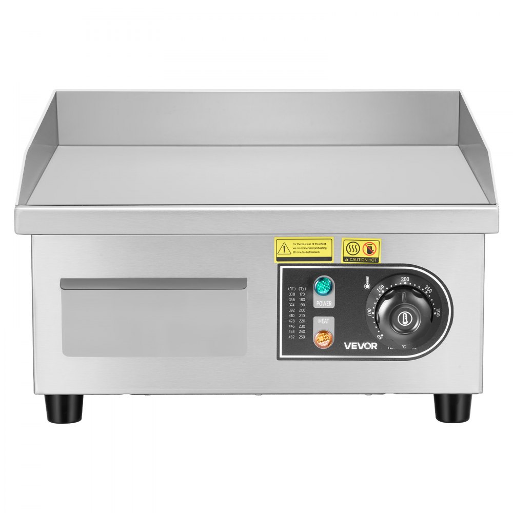 VEVOR Elektryczna patelnia grillowa 2000 W 355 x 300 mm (powierzchnia grillowania), 50–300 °C, komercyjna patelnia grillowa ze stali nierdzewnej (obudowa), grill stołowy z 2 szpatułkami, 2 szczotkami i 4 stopkami, do steków i naleśników