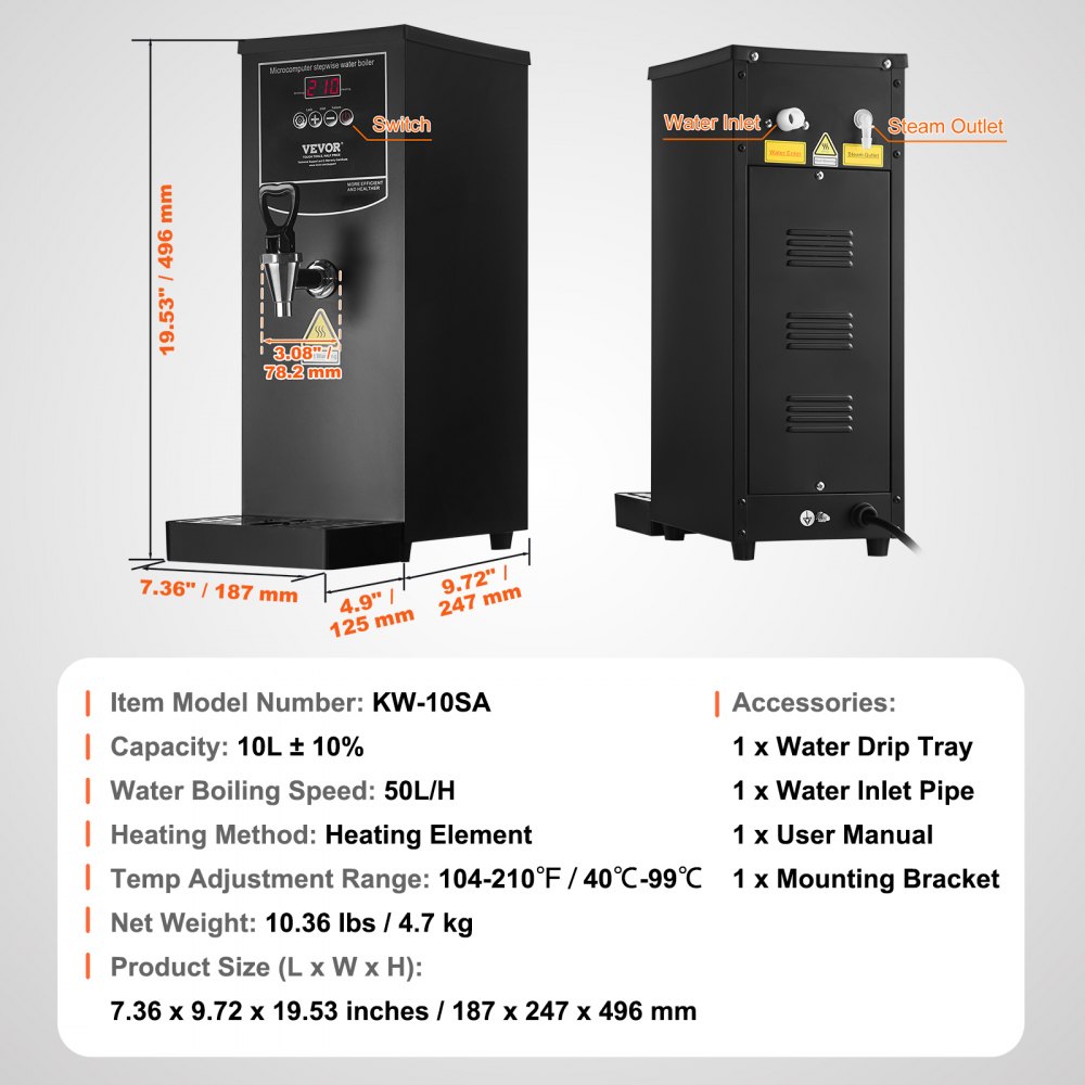 VEVOR Komercyjny podgrzewacz wody 10 l, czajnik elektryczny o mocy 1,5 kW z rurą grzewczą ze stali nierdzewnej 316, płynne i szybkie podgrzewanie. Podgrzewacz wody 50 l/h do kawiarni, herbaciarni, restauracji i biur.