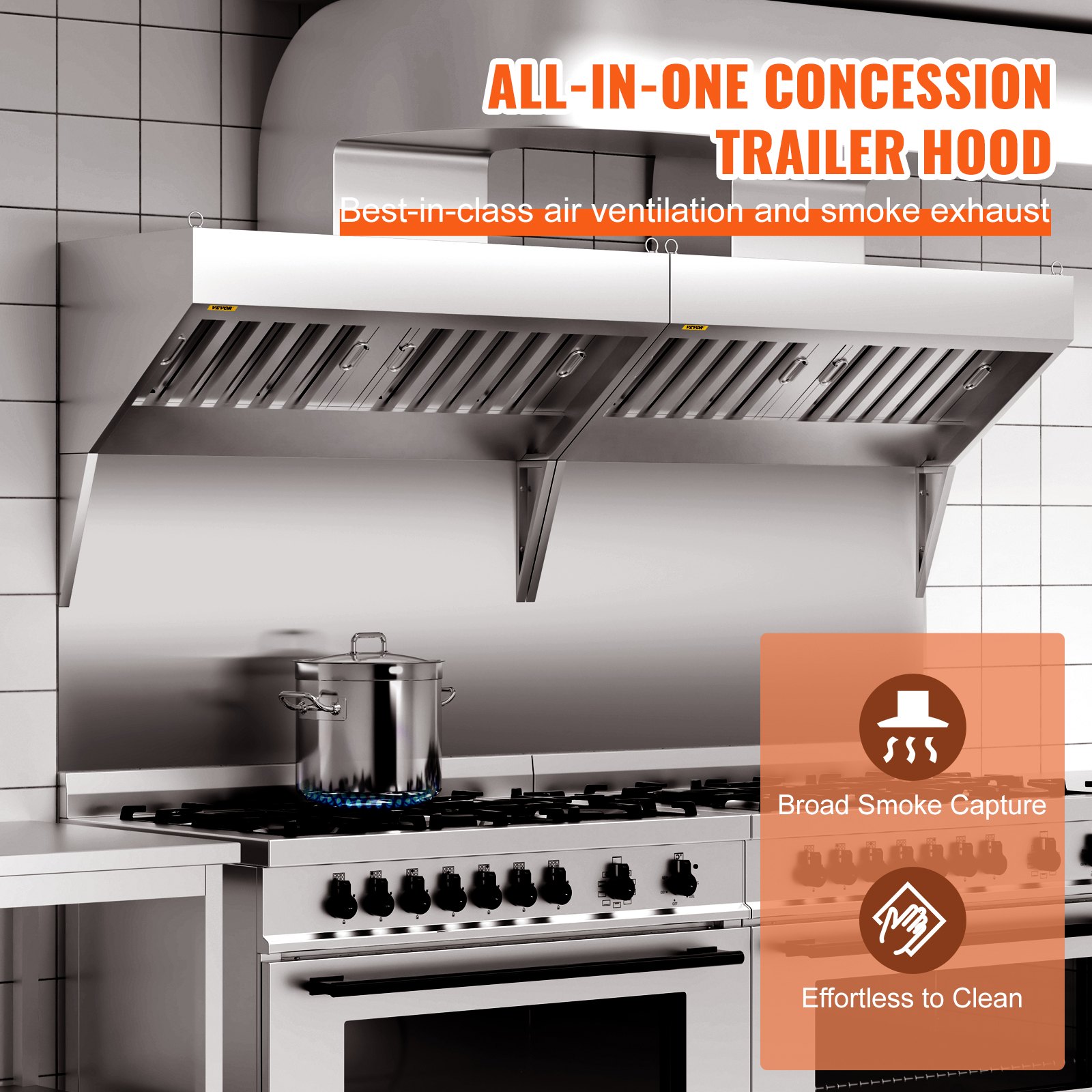 Okap kuchenny VEVOR, okap kuchenny o szerokości 1,2 m do food trucków, okap ścienny ze stali nierdzewnej do przyczep gastronomicznych z 2 wyjmowanymi siatkami filtra oleju w kształcie litery U, okap kuchenny odporny na rdzę