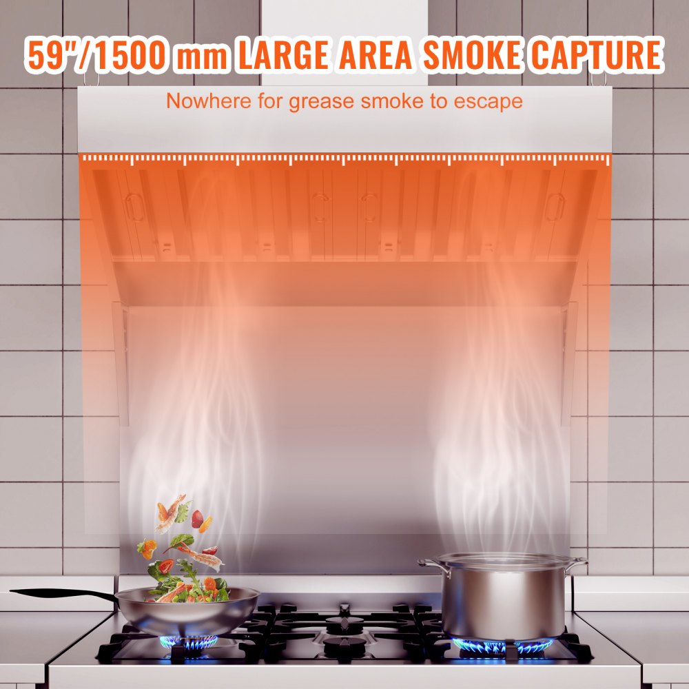 VEVOR Commercial Exhaust Hood, 1.5 m Long Exhaust Hood for Food Trucks, 201 Stainless Steel Concession Trailer Hood with 2 Removable U-Shaped Mesh Oil Filter Nets, Rust-Resistant Extractor Hood