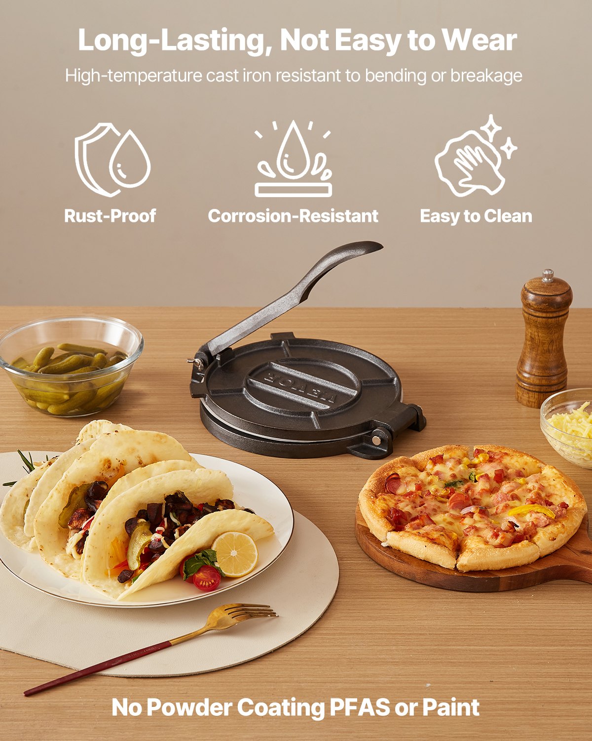 Prasa do tortilli VEVOR, prasa do taco (25 cm) wykonana z szarego żeliwa, solidna maszyna do pataconery z uchwytem i 100 arkuszami papieru pergaminowego, prasa do ciasta na tortille, kolumbijska maszyna do pataconery, profesjonalna maszyna do roti