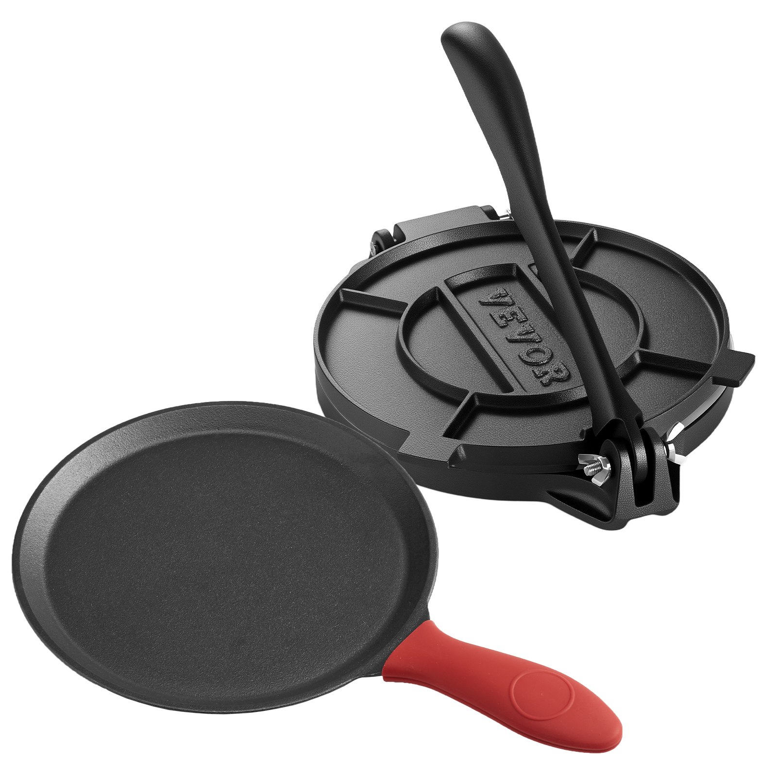 Prasa do tortilli VEVOR, prasa do taco (25 cm) wykonana z szarego żeliwa, solidna maszyna do pataconery z uchwytem i 100 arkuszami papieru pergaminowego, prasa do ciasta na tortille, kolumbijska maszyna do pataconery, profesjonalna maszyna do roti