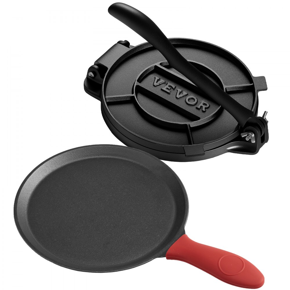 Prasa do tortilli VEVOR, prasa do taco (20 cm) wykonana z szarego żeliwa, solidna maszyna do pataconery z uchwytem i 100 arkuszami papieru pergaminowego, prasa do ciasta na tortille, kolumbijska maszyna do pataconery, profesjonalna maszyna do roti