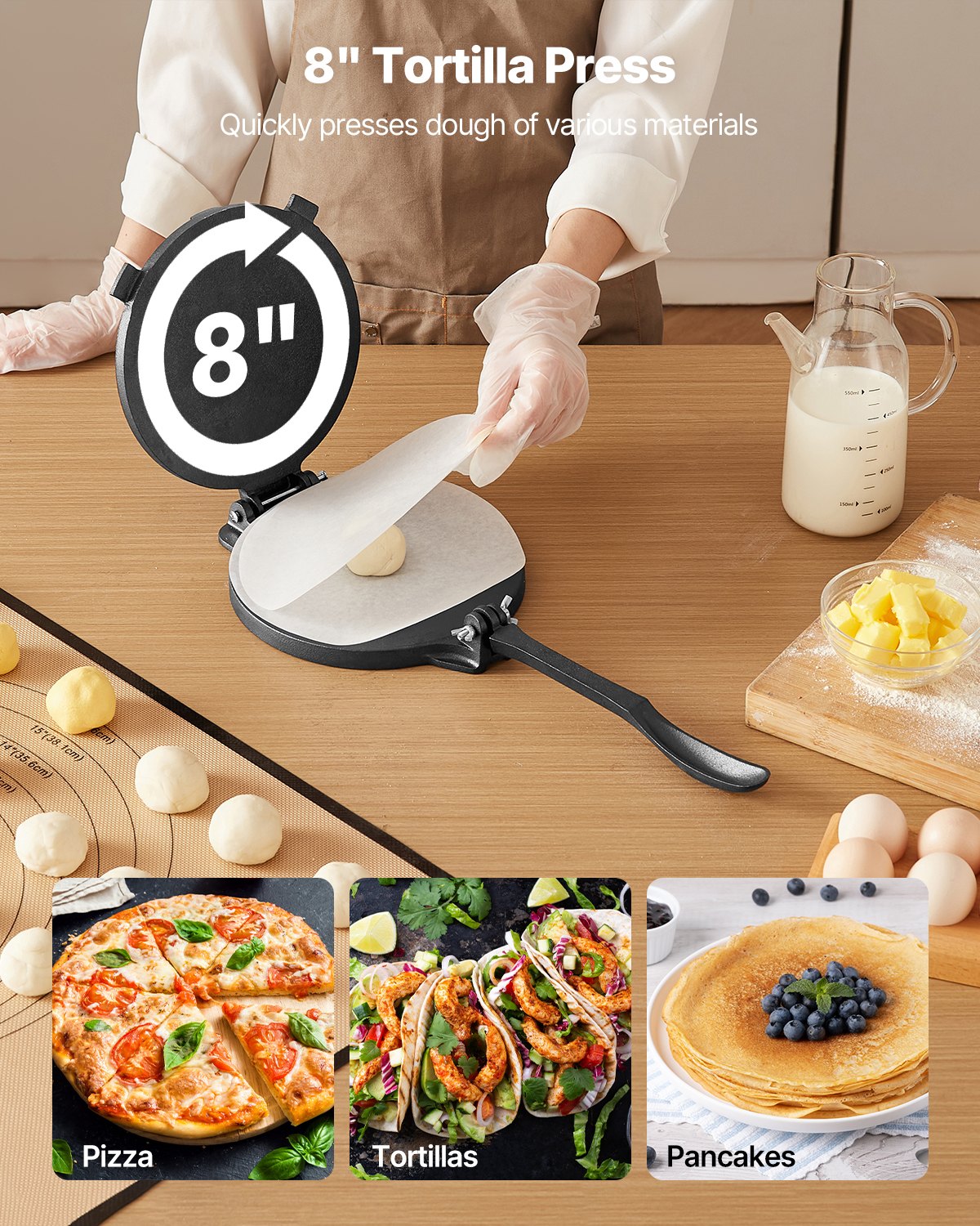 Prasa do tortilli VEVOR, prasa do taco (20 cm) wykonana z szarego żeliwa, solidna maszyna do pataconery z uchwytem i 100 arkuszami papieru pergaminowego, prasa do ciasta na tortille, kolumbijska maszyna do pataconery, profesjonalna maszyna do roti