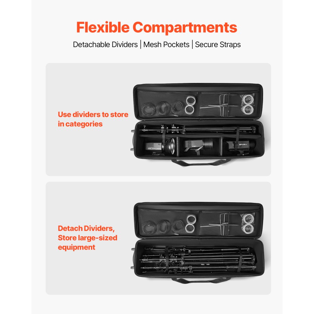 VEVOR Studio Trolley 1310x365x380 mm, transport bag for studio equipment, camera bag, studio bag with wheels, straps, padded compartment, handle, for light stands, tripods, telescopes