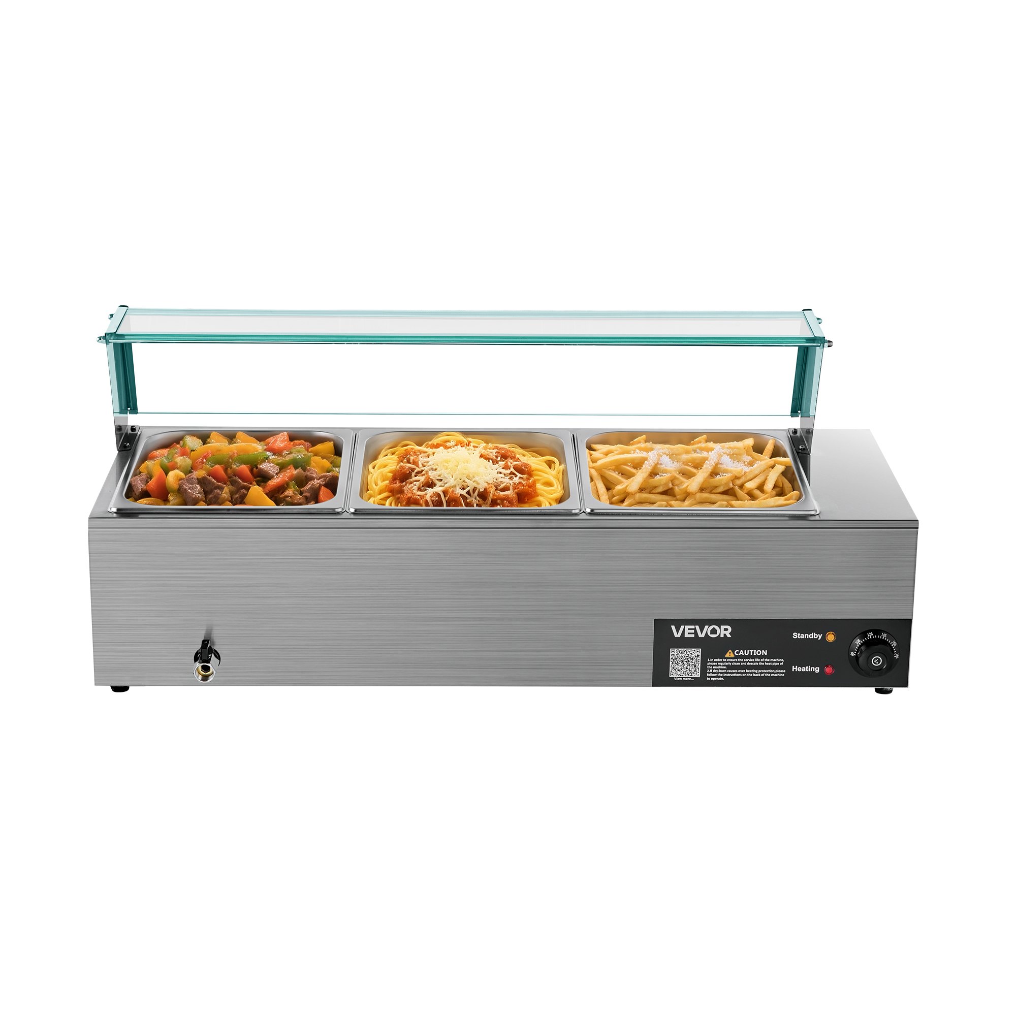 Komercyjny podgrzewacz do żywności VEVOR (3 pojemniki o rozmiarze 1/2 cala), elektryczny pojemnik do podgrzewania ze stali nierdzewnej o mocy 1,5 kW ze szklaną pokrywą i chochlą do zupy, podgrzewacze do cateringu, restauracji i imprez