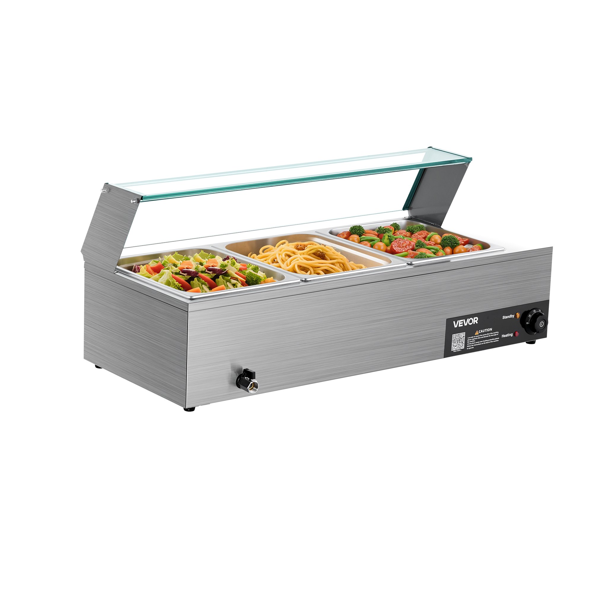 Komercyjny podgrzewacz do żywności VEVOR (3 pojemniki o rozmiarze 1/2 cala), elektryczny pojemnik do podgrzewania ze stali nierdzewnej o mocy 1,5 kW ze szklaną pokrywą i chochlą do zupy, podgrzewacze do cateringu, restauracji i imprez