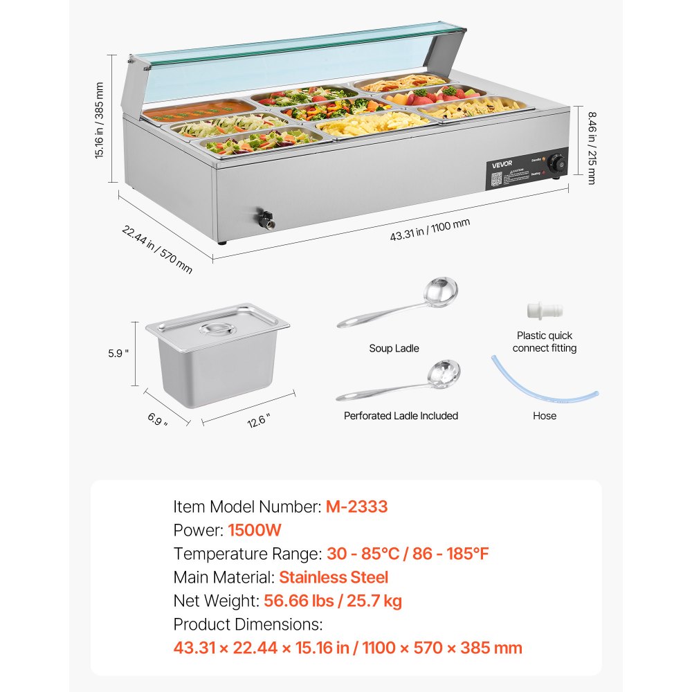 Komercyjny podgrzewacz do żywności VEVOR (9 pojemników o rozmiarze 1/3), elektryczny pojemnik do podgrzewania ze stali nierdzewnej o mocy 1,5 kW ze szklaną pokrywą i chochlą do zupy, podgrzewacze do cateringu, restauracji i imprez