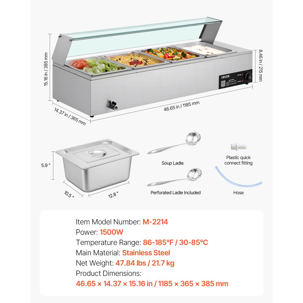 Komercyjny podgrzewacz do żywności VEVOR (4 pojemniki o rozmiarze 1/2 cala), elektryczny pojemnik do podgrzewania ze stali nierdzewnej o mocy 1,5 kW ze szklaną pokrywą i chochlą do zupy, zestaw naczyń do podgrzewania potraw na catering, restaurację i imprezę