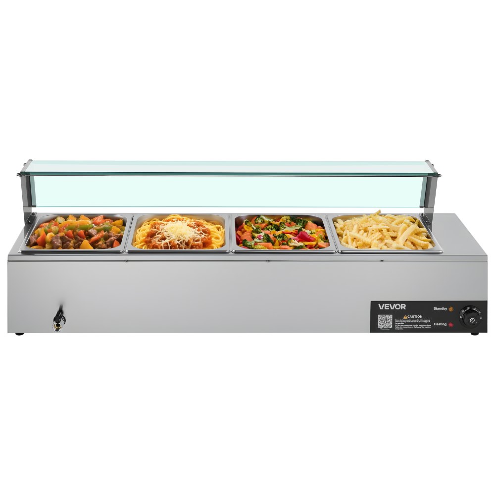 Komercyjny podgrzewacz do żywności VEVOR (4 pojemniki o rozmiarze 1/2 cala), elektryczny pojemnik do podgrzewania ze stali nierdzewnej o mocy 1,5 kW ze szklaną pokrywą i chochlą do zupy, zestaw naczyń do podgrzewania potraw na catering, restaurację i imprezę