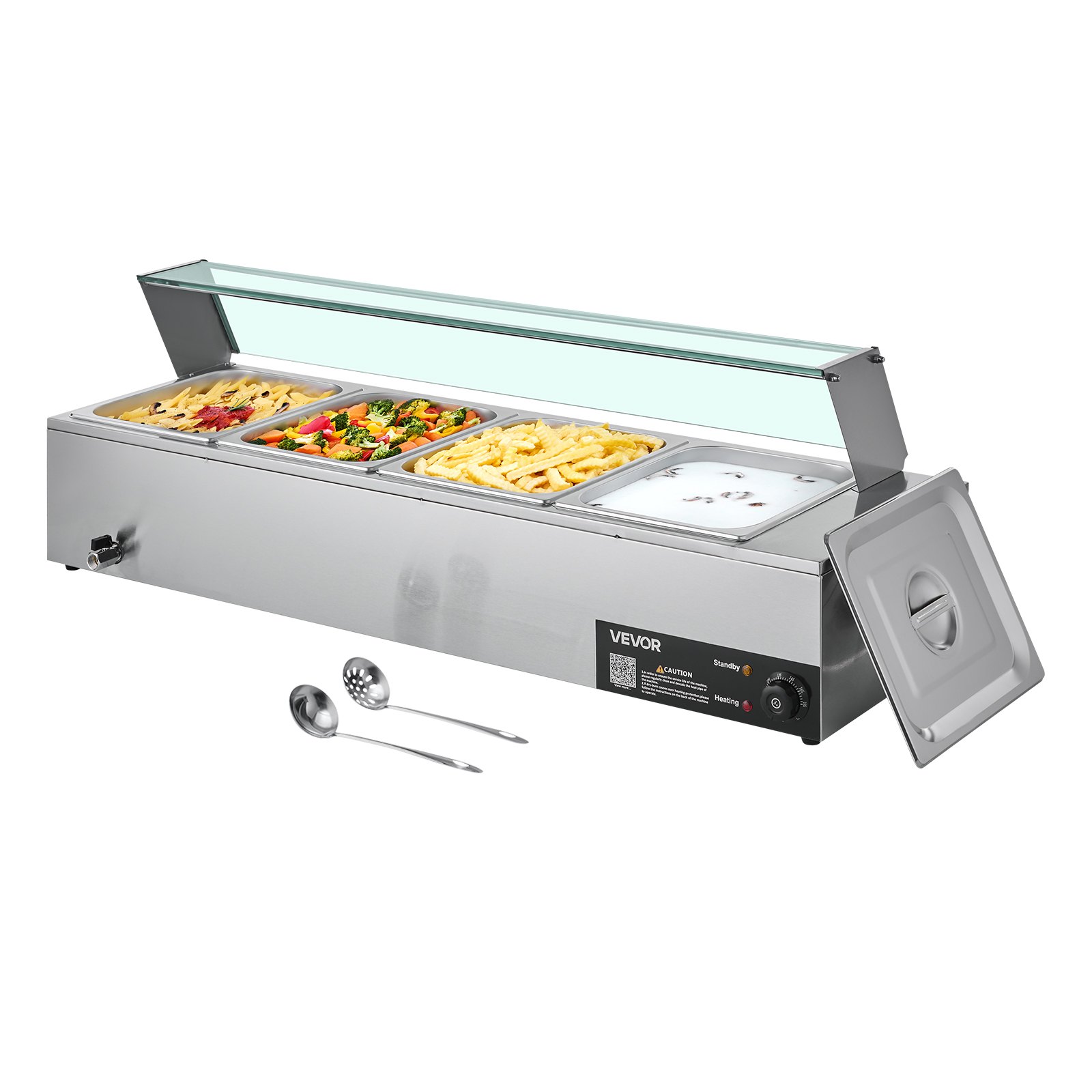 Komercyjny podgrzewacz do żywności VEVOR (4 pojemniki o rozmiarze 1/2 cala), elektryczny pojemnik do podgrzewania ze stali nierdzewnej o mocy 1,5 kW ze szklaną pokrywą i chochlą do zupy, zestaw naczyń do podgrzewania potraw na catering, restaurację i imprezę