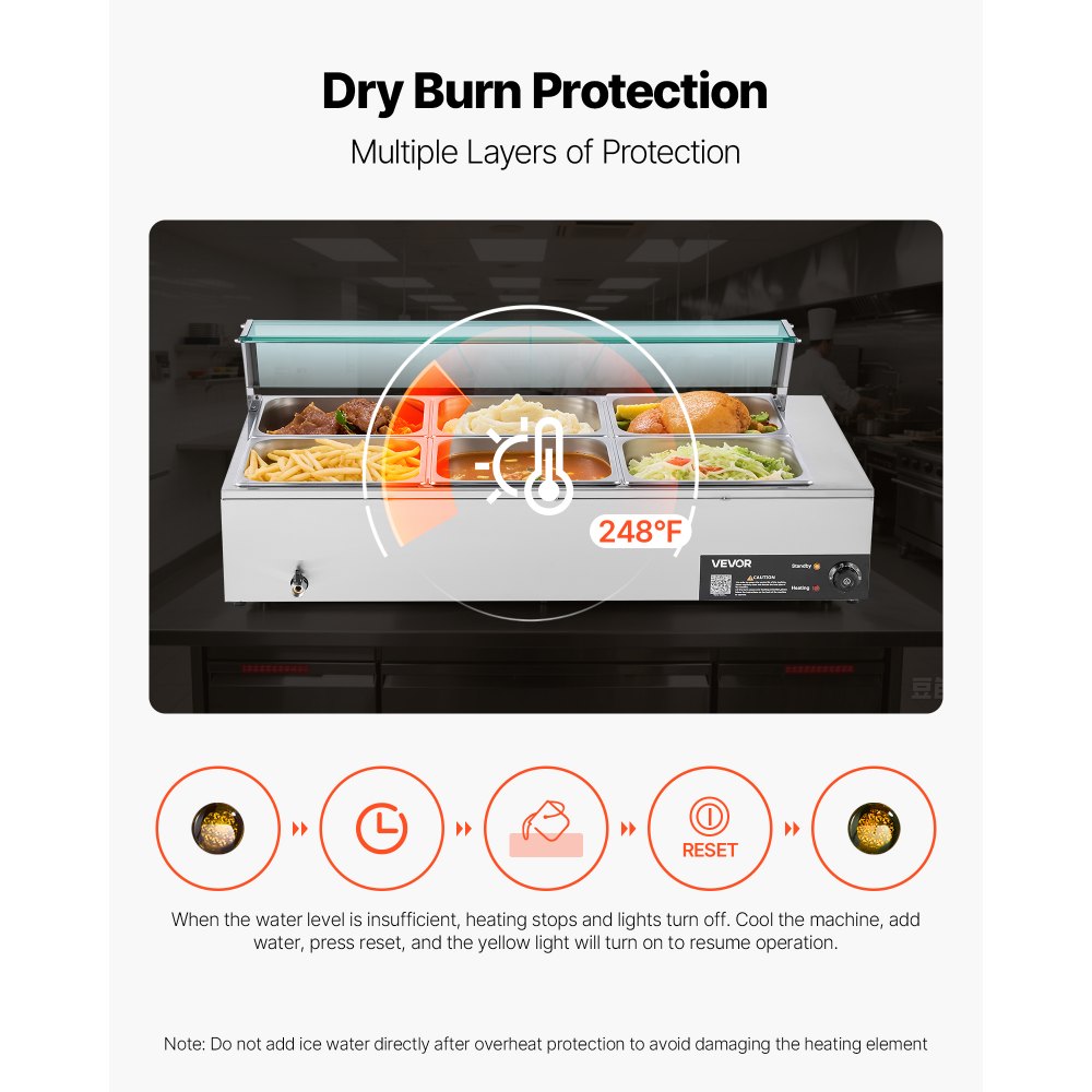 Komercyjny podgrzewacz do żywności VEVOR (6 pojemników o rozmiarze 1/2 cala), elektryczny pojemnik do podgrzewania ze stali nierdzewnej o mocy 1,5 kW ze szklaną pokrywą i chochlą do zupy, podgrzewacze do cateringu, restauracji i imprez