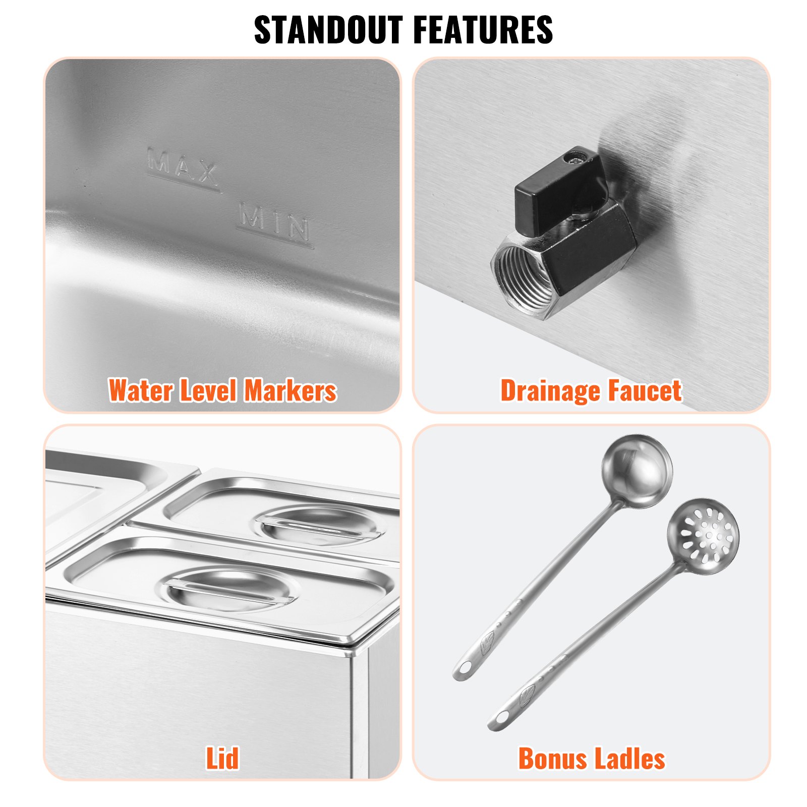 Komercyjny podgrzewacz do żywności VEVOR, elektryczny stół parowy z 3 pojemnikami (1 x 1/2 rozmiaru / 2 x 1/4 rozmiaru) 1200 W, stal nierdzewna, bufet, kąpiel wodna z regulacją temperatury od 30 do 80°C, imprezy