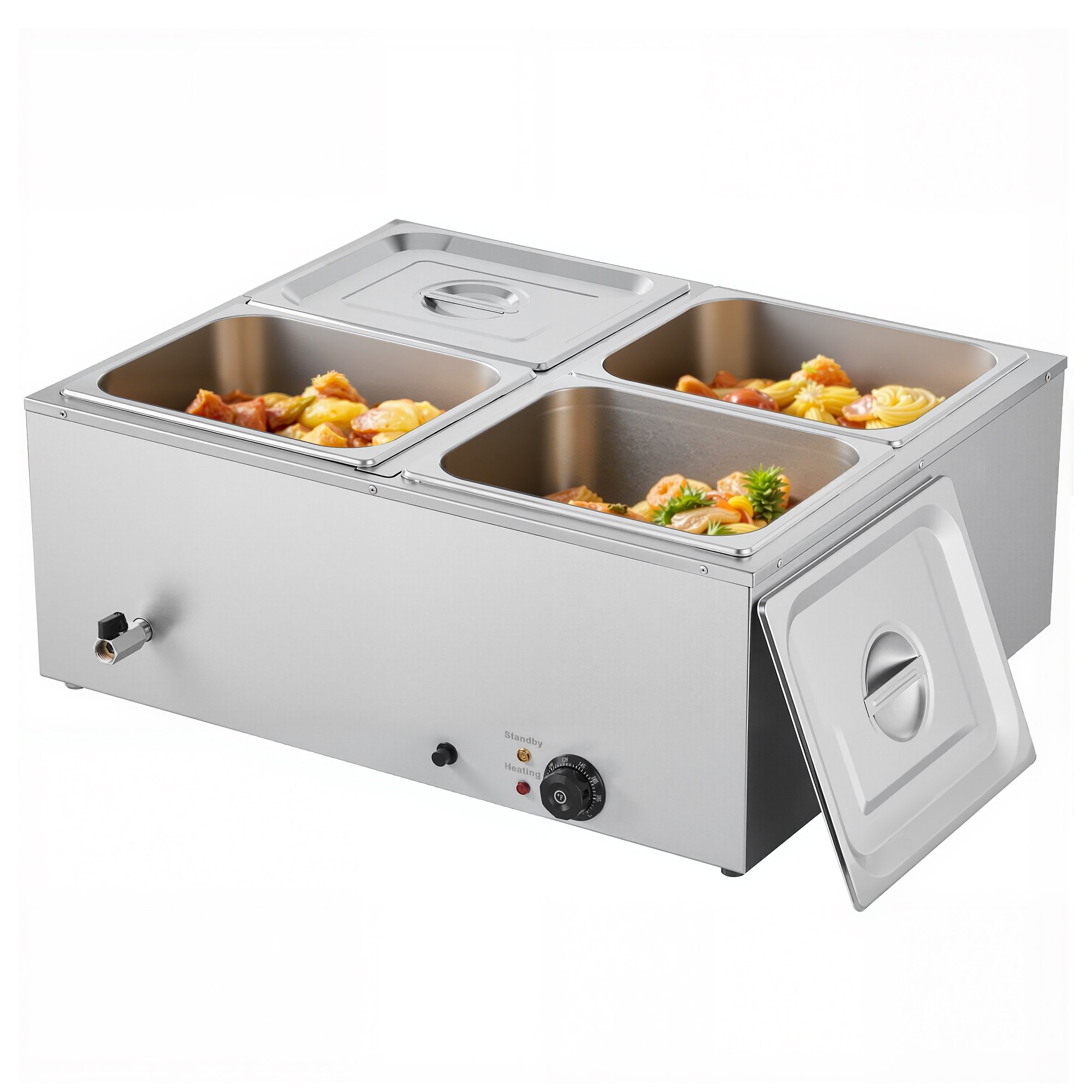 Komercyjny podgrzewacz do żywności VEVOR (4 pojemniki o rozmiarze 1/2 cala), elektryczny pojemnik do podgrzewania ze stali nierdzewnej o mocy 1,5 kW z pokrywką i chochlą do zupy, podgrzewacze do cateringu, restauracji i imprez
