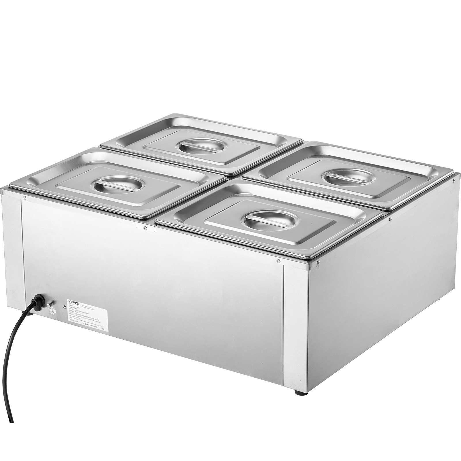 VEVOR Komercyjny podgrzewacz do żywności, 4 pojemniki po 8 qt, elektryczny stół parowy, 1500 W, profesjonalny blat ze stali nierdzewnej, łaźnia wodna, regulacja temperatury od 30 do 80°C, srebrny