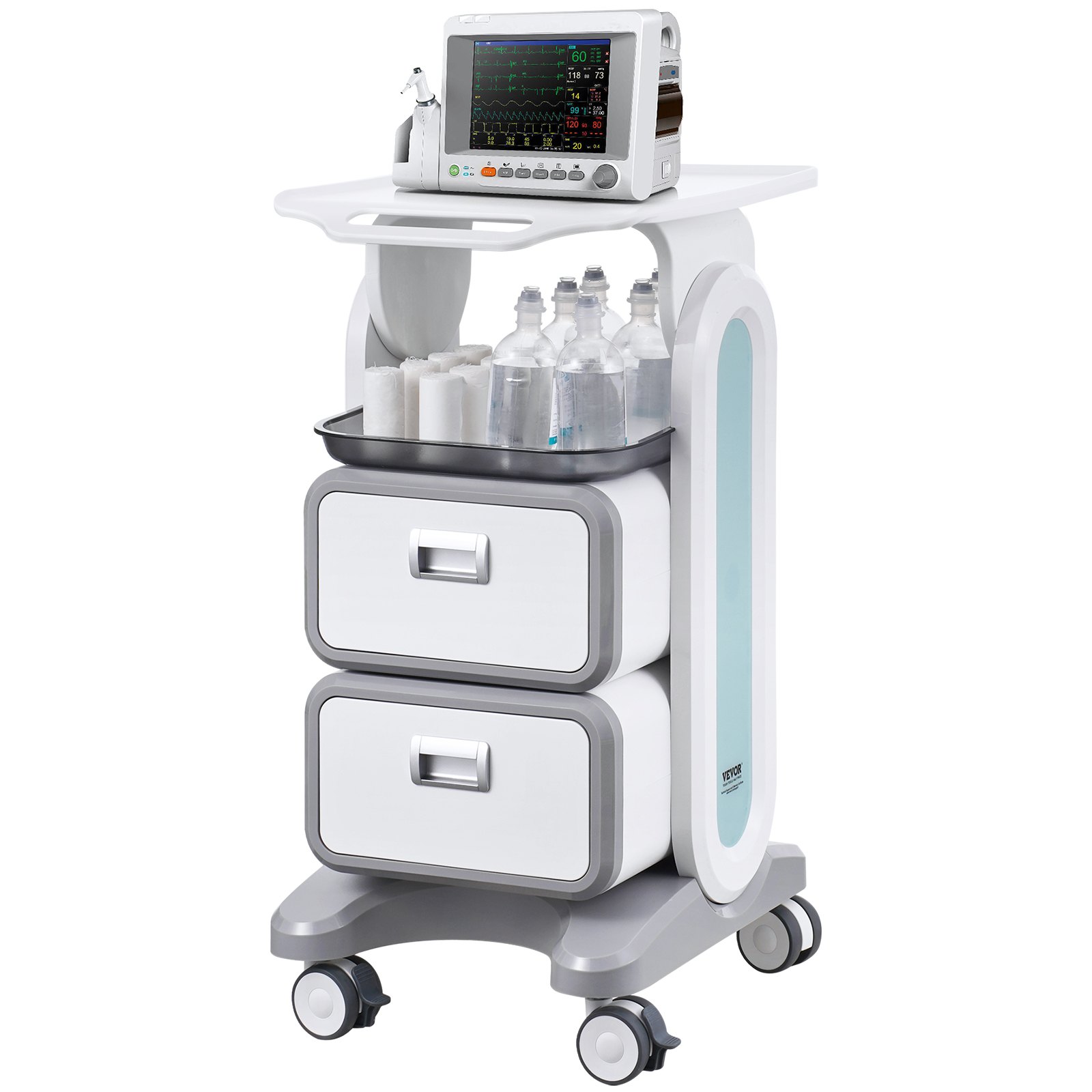 Wózek laboratoryjny VEVOR 3-poziomowy, wózek laboratoryjny z 2 szufladami i 1 górną półką, mobilny wózek medyczny wykonany z tworzywa ABS, wózek laboratoryjny na kółkach z 4 cichymi kółkami do laboratorium, kliniki, szpitala, salonu, biały