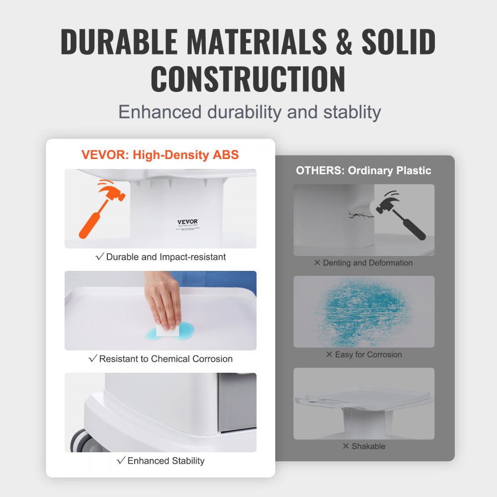 VEVOR 4-Tier Laboratory Trolley, 3 Drawers and 1 Top Shelf, Mobile Medical Trolley Made of ABS Material, Laboratory Trolley with 4 Quiet Wheels for Laboratory, Clinic, Hospital, Salon, White