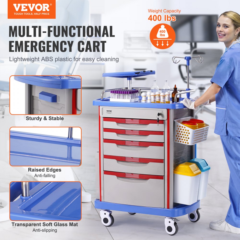 Wózek laboratoryjny VEVOR 5-poziomowy, mobilny wózek medyczny wykonany z materiału PP, z 4 cichymi kółkami i 5 szufladami, wózek laboratoryjny, wózek salonowy do laboratorium, kliniki, szpitala, salonu, niebieski