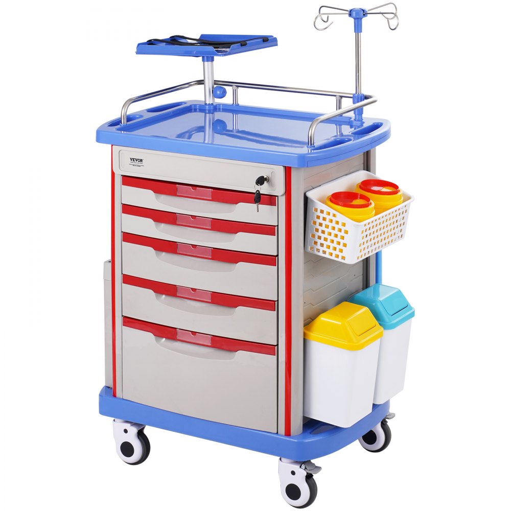 Wózek laboratoryjny VEVOR 5-poziomowy, mobilny wózek medyczny wykonany z materiału PP, z 4 cichymi kółkami i 5 szufladami, wózek laboratoryjny, wózek salonowy do laboratorium, kliniki, szpitala, salonu, niebieski