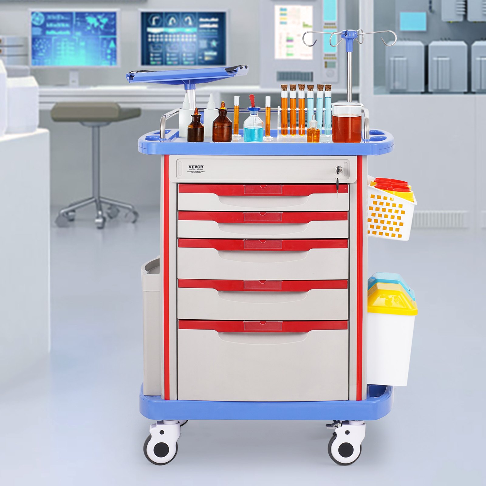 Wózek laboratoryjny VEVOR 5-poziomowy, mobilny wózek medyczny wykonany z materiału PP, z 4 cichymi kółkami i 5 szufladami, wózek laboratoryjny, wózek salonowy do laboratorium, kliniki, szpitala, salonu, niebieski