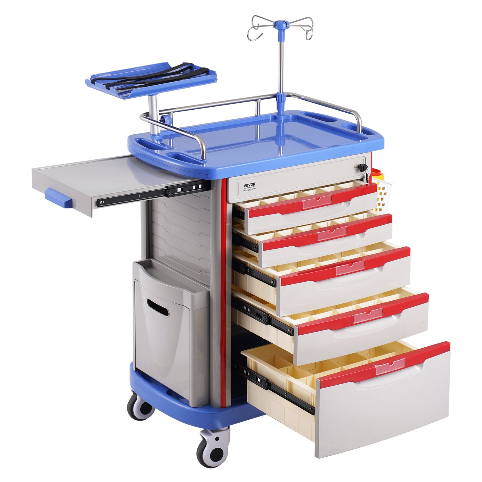 Wózek laboratoryjny VEVOR 5-poziomowy, mobilny wózek medyczny wykonany z materiału PP, z 4 cichymi kółkami i 5 szufladami, wózek laboratoryjny, wózek salonowy do laboratorium, kliniki, szpitala, salonu, niebieski