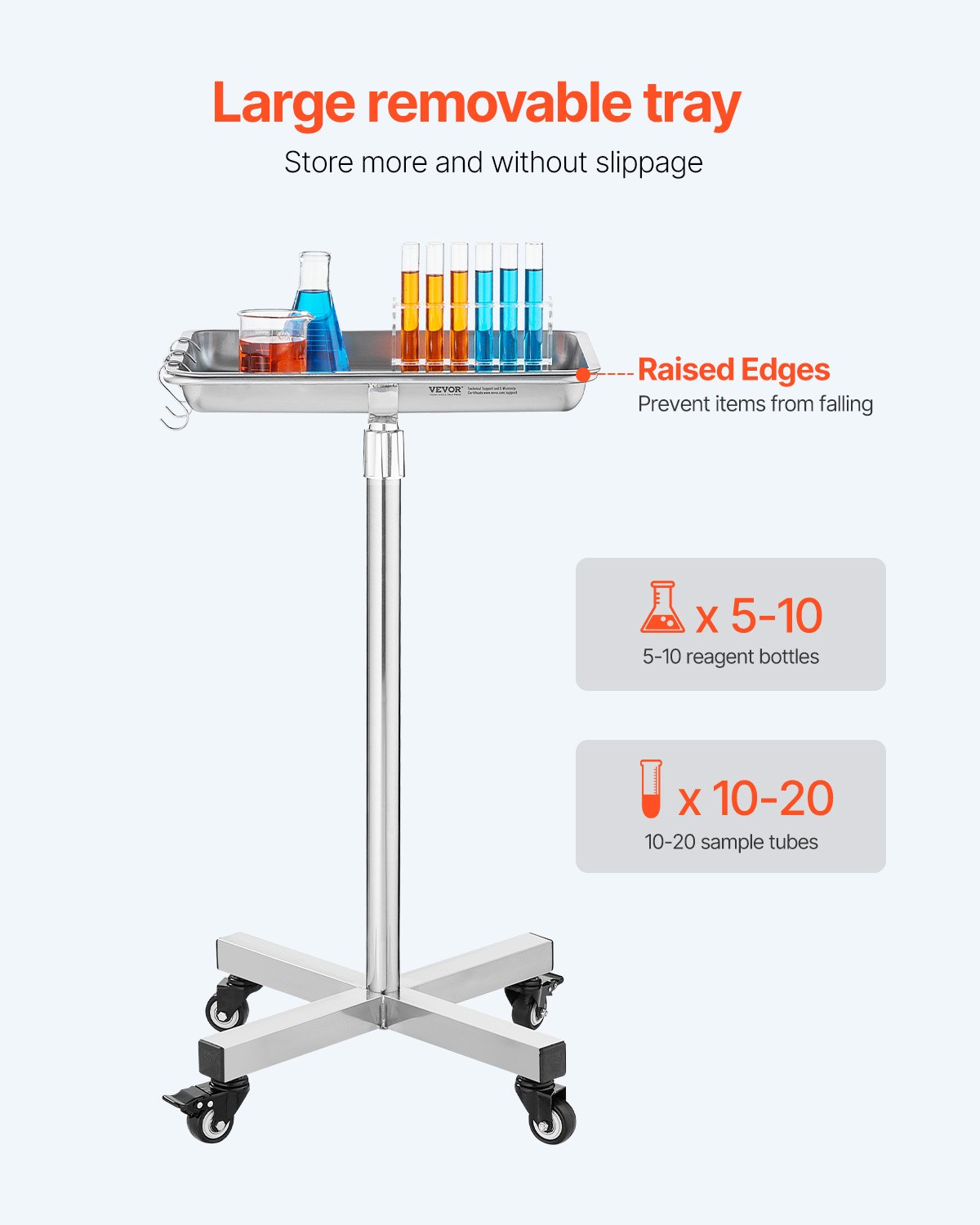 VEVOR Laboratory Trolley Serving Trolley Stainless Steel with Removable Stainless Steel Trays Load Capacity up to 16 kg, Adjustable Height 64-101 cm, Medical Tray for Spa Salon Clinic Personal Care Silver