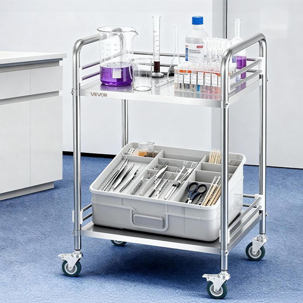 VEVOR Stainless Steel Cart, 2-Tier Rolling Lab Utility Cart with Lockable Wheels, Medical Serving Trolley Clinic Tray, Heavy Duty Mobile Service Storage Tray for Hospital, Restaurant, Kitchen, Salon