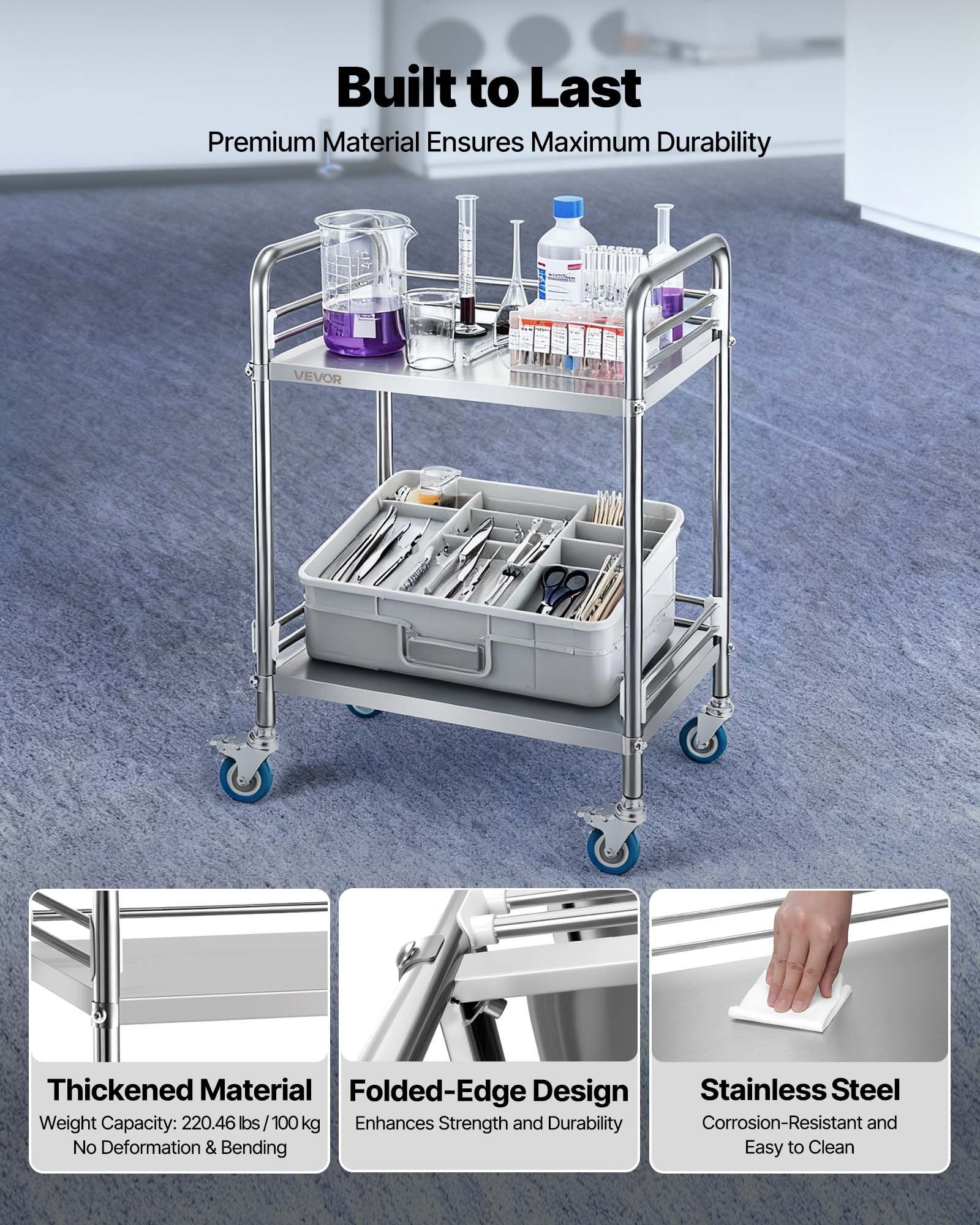 VEVOR Stainless Steel Cart, 2-Tier Rolling Lab Utility Cart with Lockable Wheels, Medical Serving Trolley Clinic Tray, Heavy Duty Mobile Service Storage Tray for Hospital, Restaurant, Kitchen, Salon